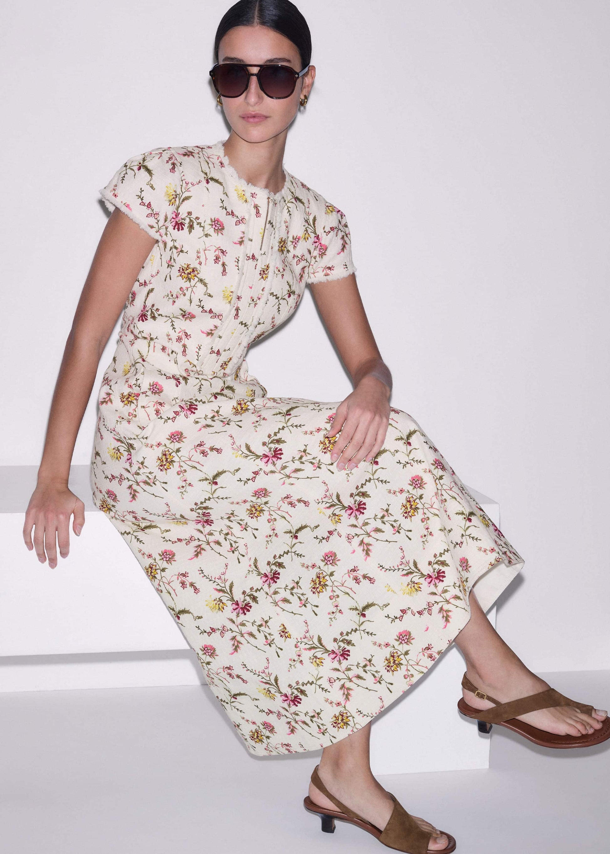 ME and EM Clothing Cream Wild Spring Floral Print Fit + Flare Midi Dress