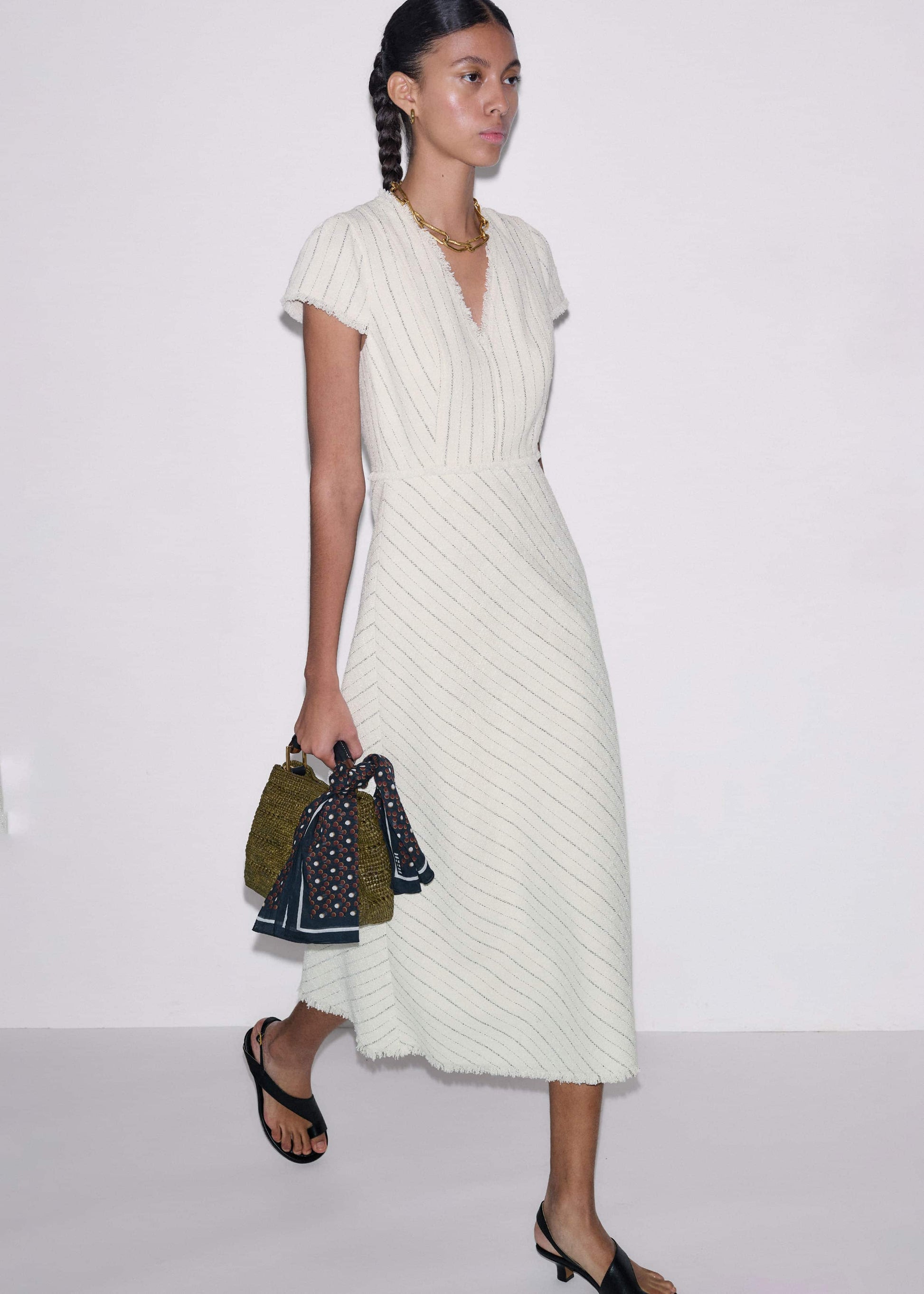 ME and EM Clothing Ivory Striped Fit + Flare Midi Dress
