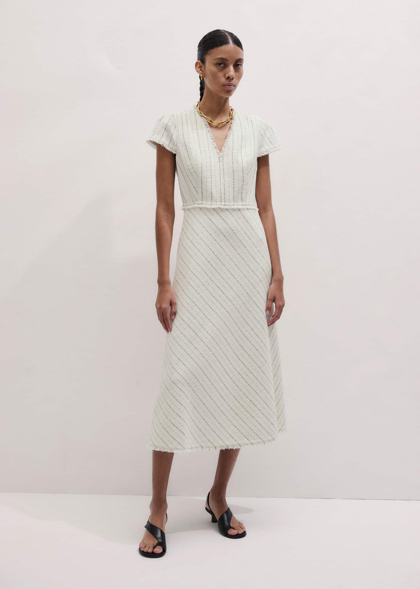 ME and EM Clothing Ivory Striped Fit + Flare Midi Dress