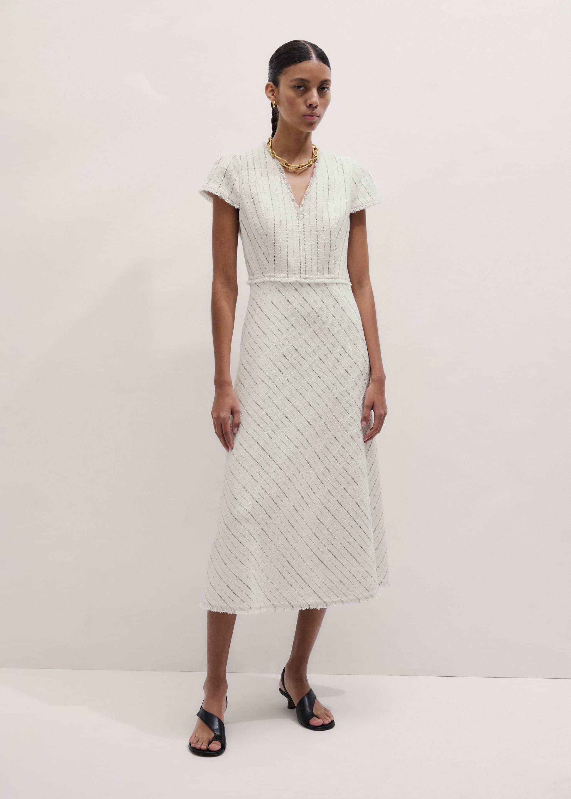 ME and EM Clothing Ivory Striped Fit + Flare Midi Dress