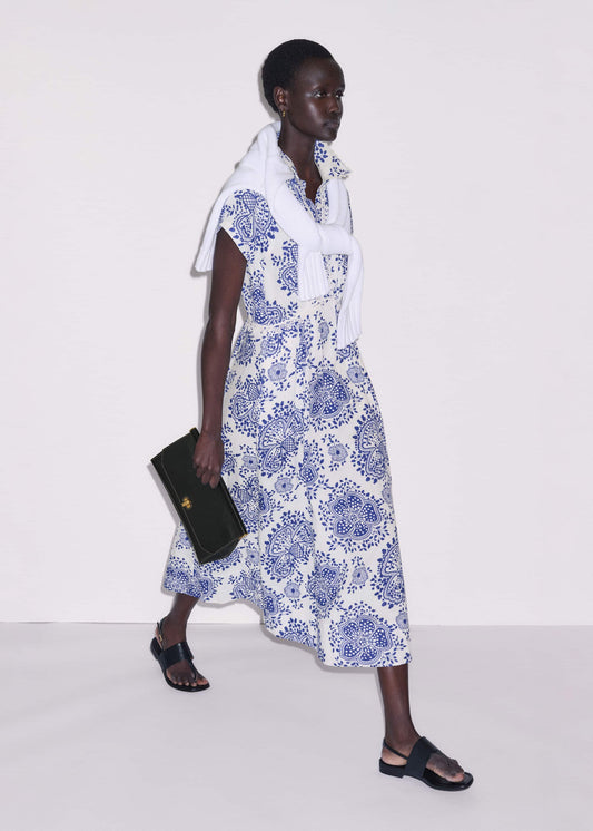 ME and EM Clothing White Cheesecloth Fit + Flare In-Full-Bloom Print Midi Dress