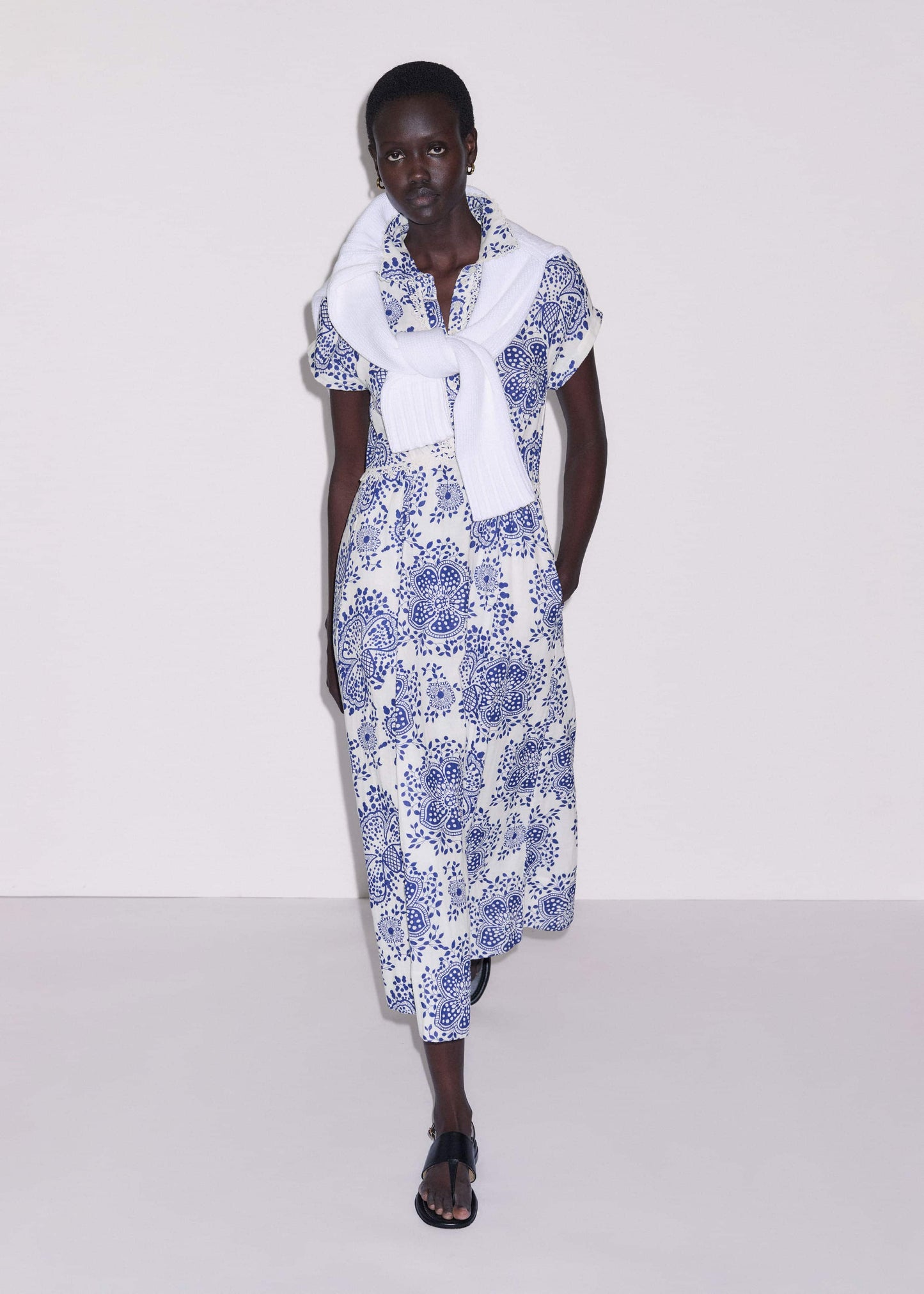 ME and EM Clothing White Cheesecloth Fit + Flare In-Full-Bloom Print Midi Dress