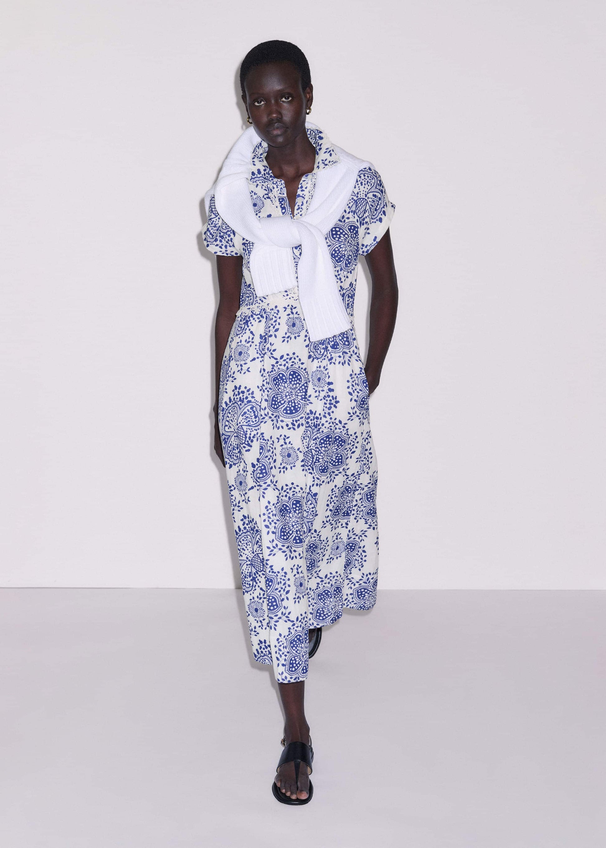 ME and EM Clothing White Cheesecloth Fit + Flare In-Full-Bloom Print Midi Dress