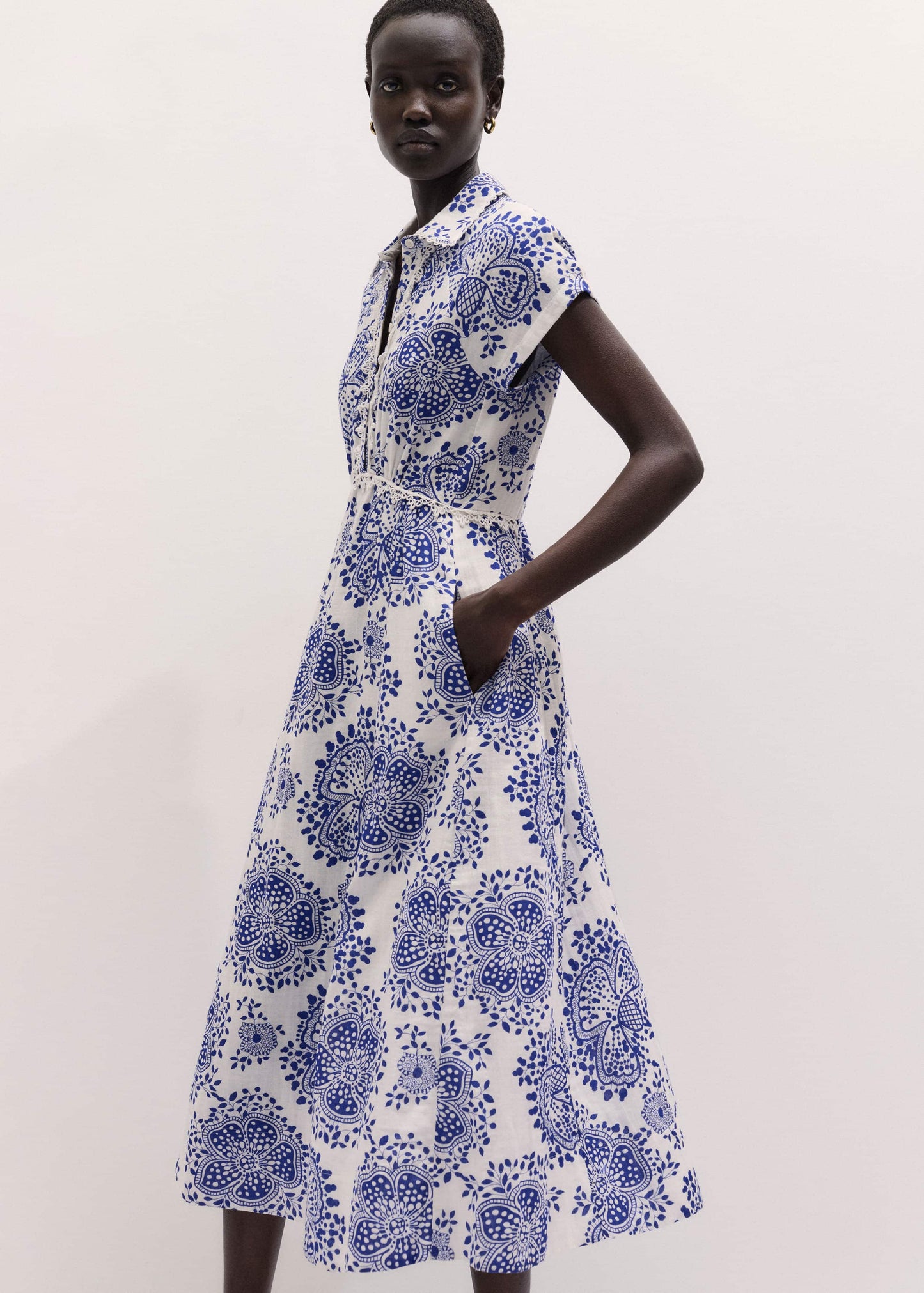 ME and EM Clothing White Cheesecloth Fit + Flare In-Full-Bloom Print Midi Dress