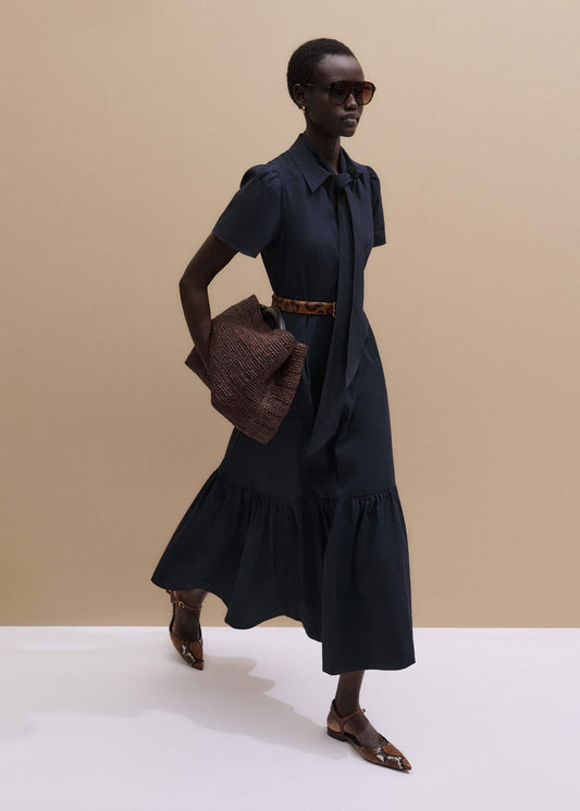 ME and EM Clothing Navy Cotton Seersucker Fit + Flare Midi Dress