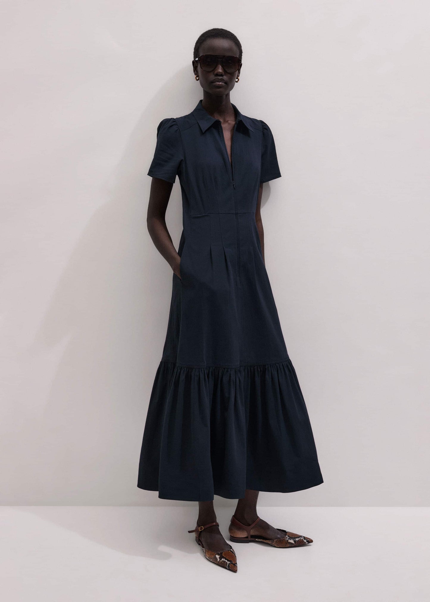 ME and EM Clothing Navy Cotton Seersucker Fit + Flare Midi Dress