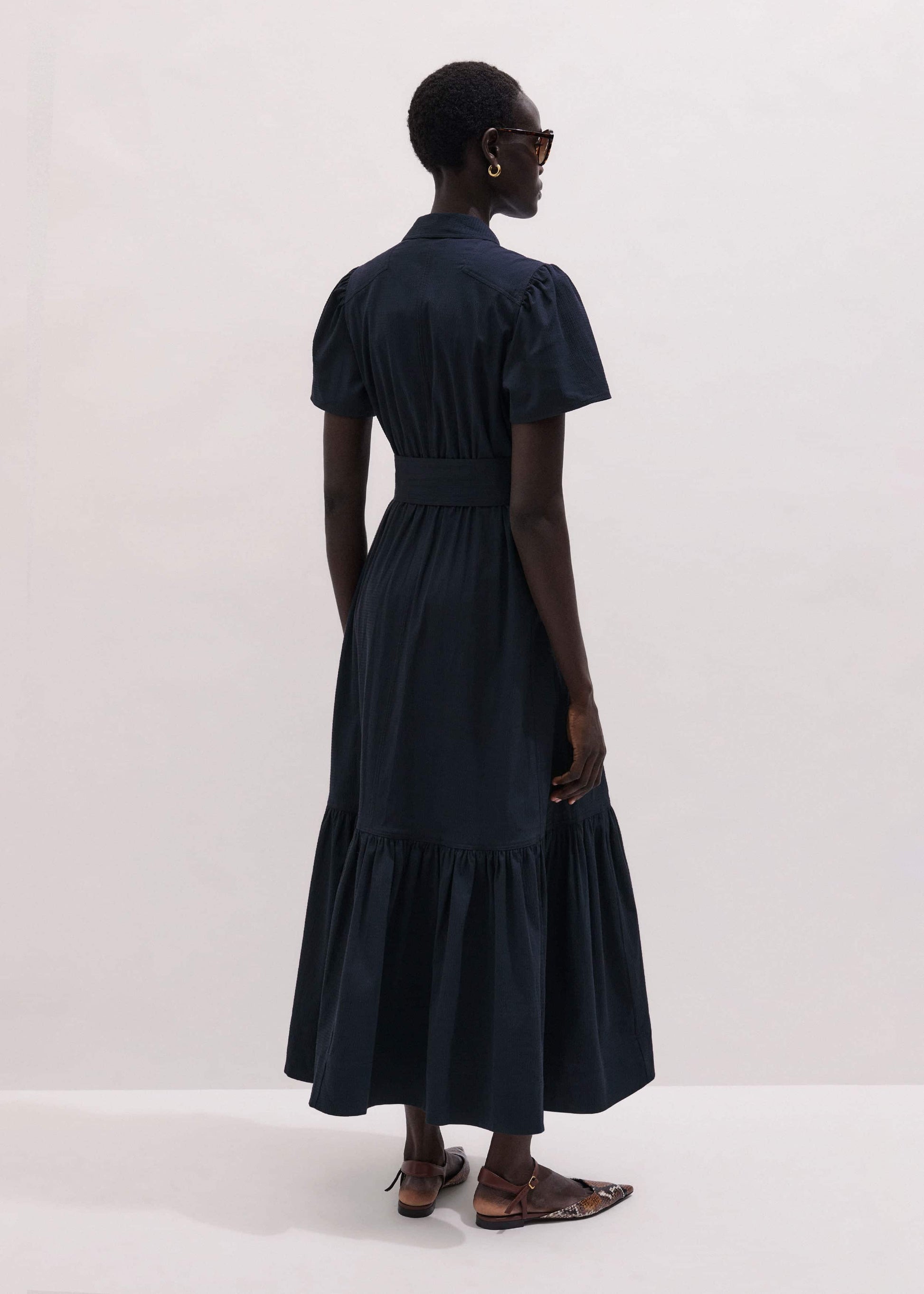 ME and EM Clothing Navy Cotton Seersucker Fit + Flare Midi Dress