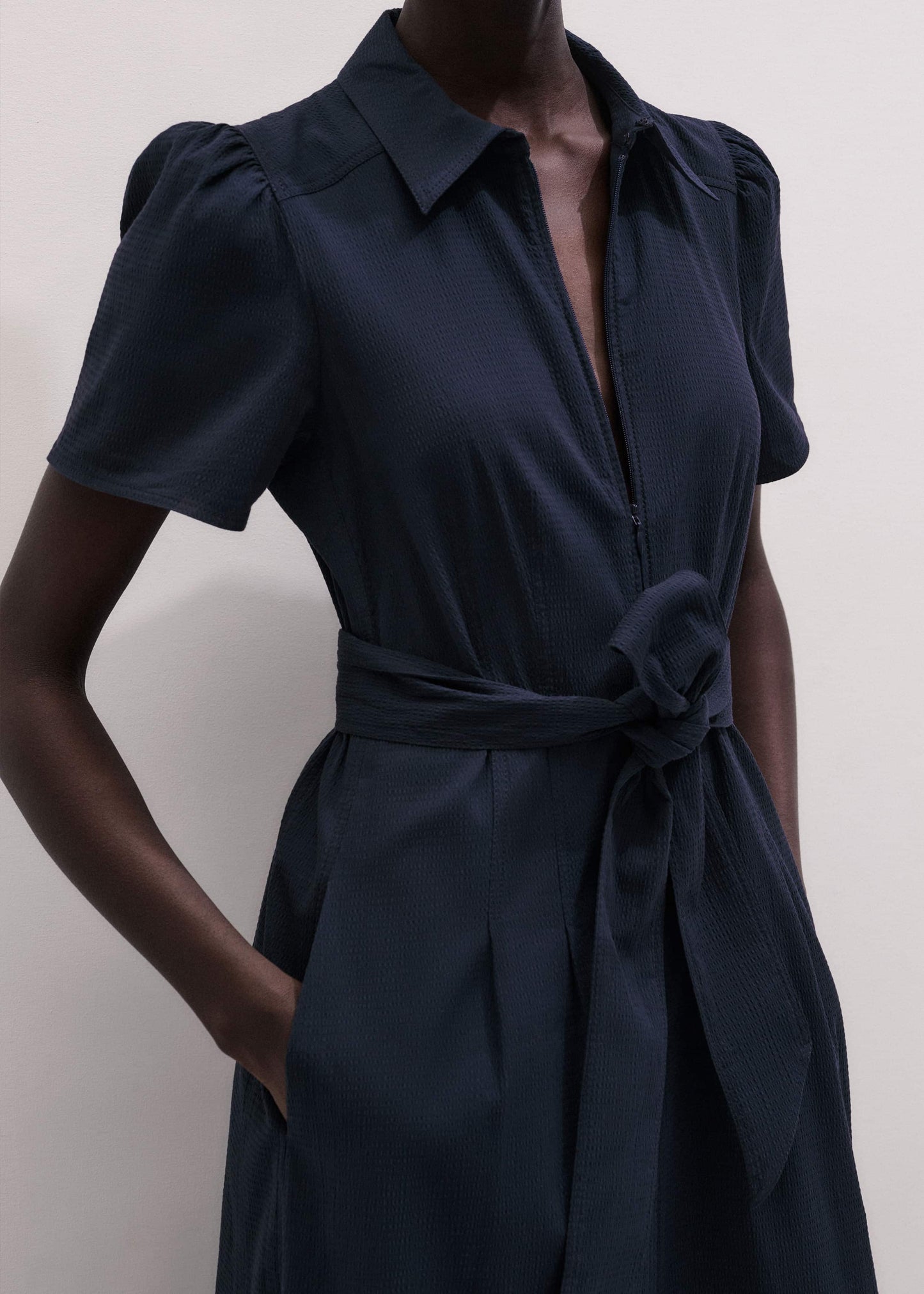 ME and EM Clothing Navy Cotton Seersucker Fit + Flare Midi Dress