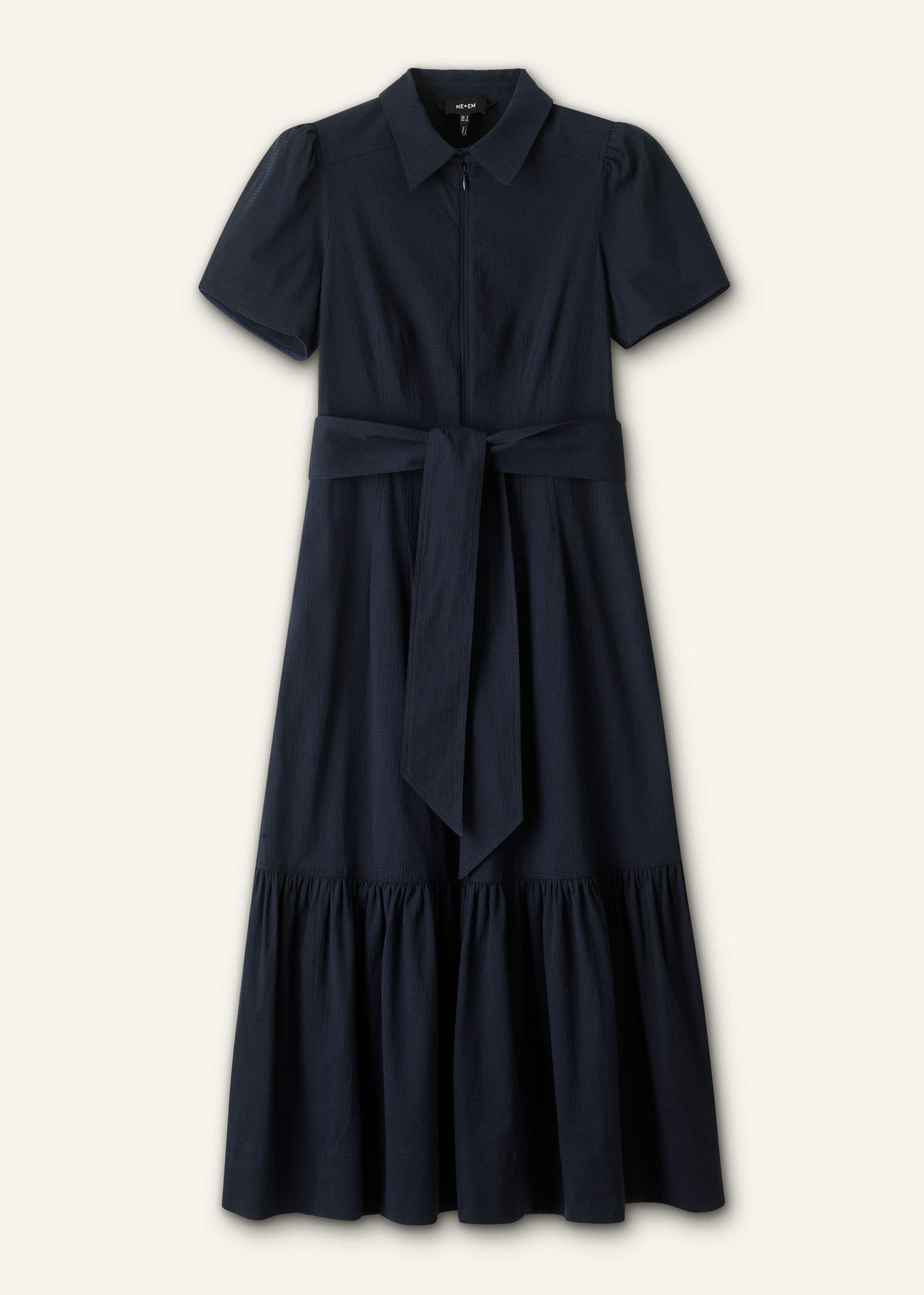ME and EM Clothing Navy Cotton Seersucker Fit + Flare Midi Dress
