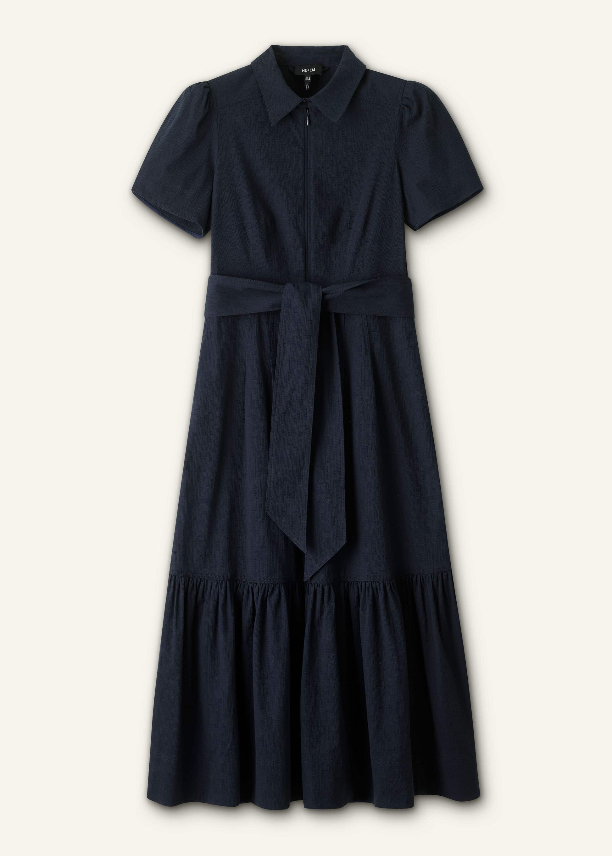 ME and EM Clothing Navy Cotton Seersucker Fit + Flare Midi Dress