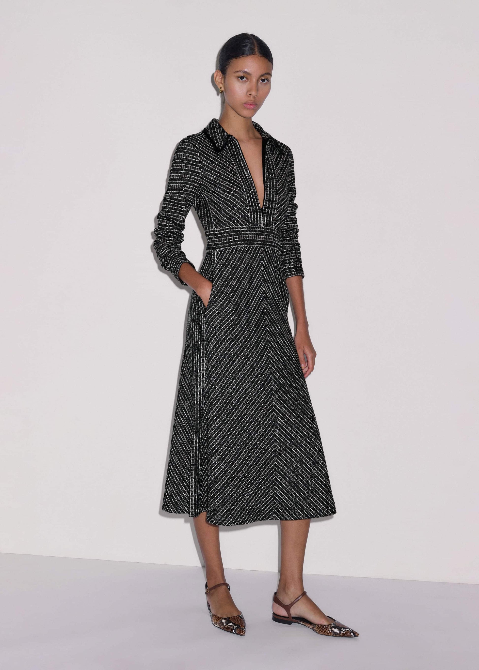 ME and EM Clothing Black Stripe Tweed Midi Dress