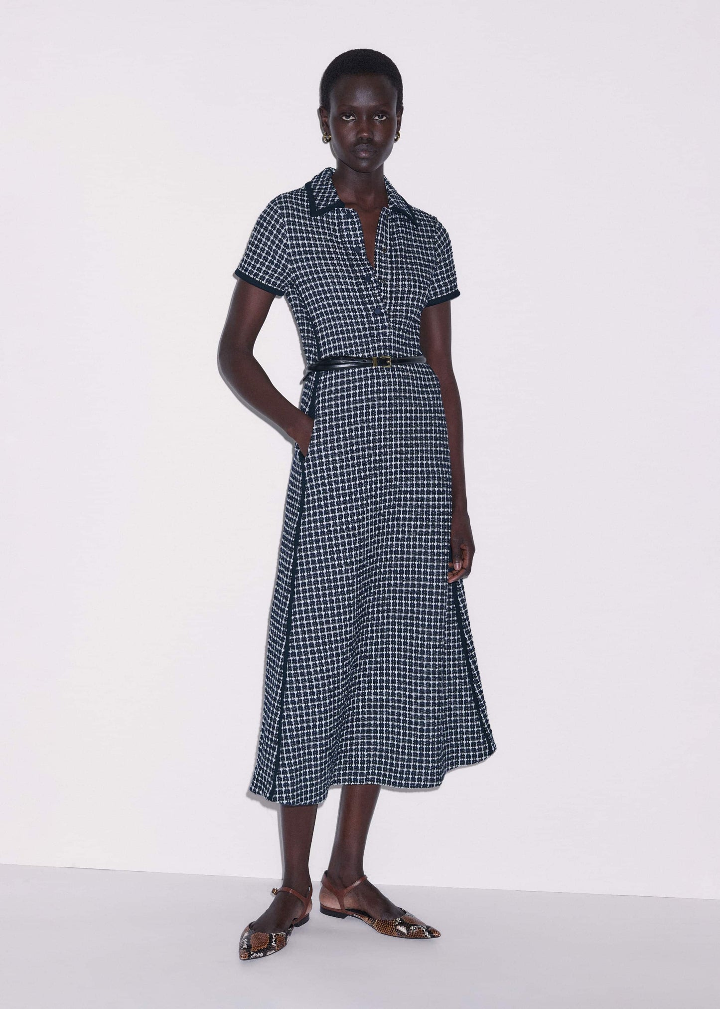 ME and EM Clothing Navy Textured Midi Dress + Belt