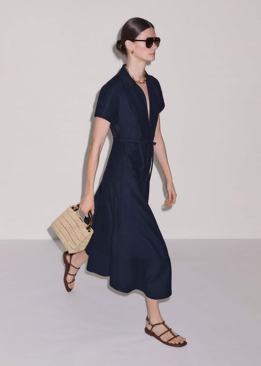 ME and EM Clothing Navy Fit + Flare Shirt Midi Dress