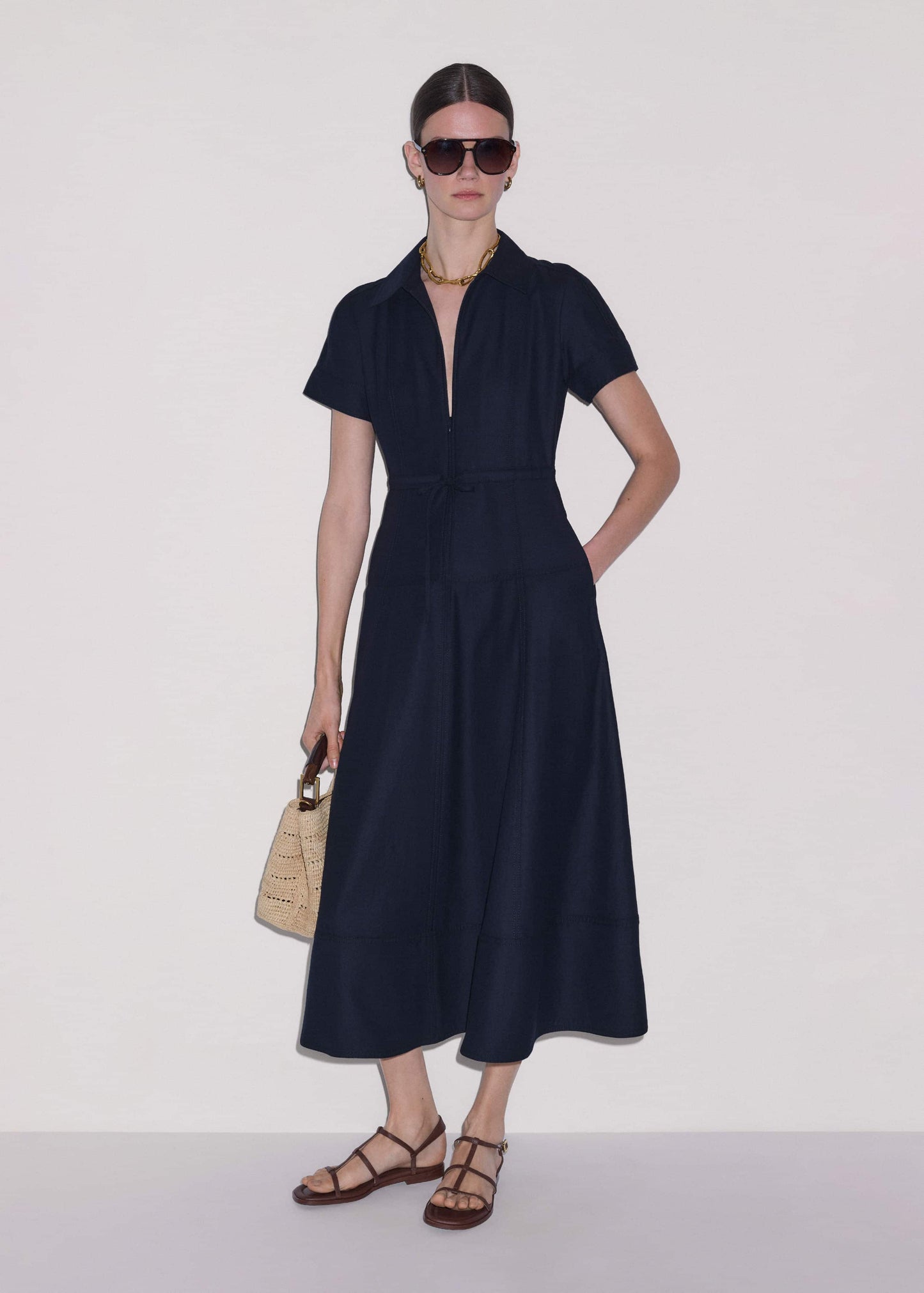 ME and EM Clothing Navy Fit + Flare Shirt Midi Dress