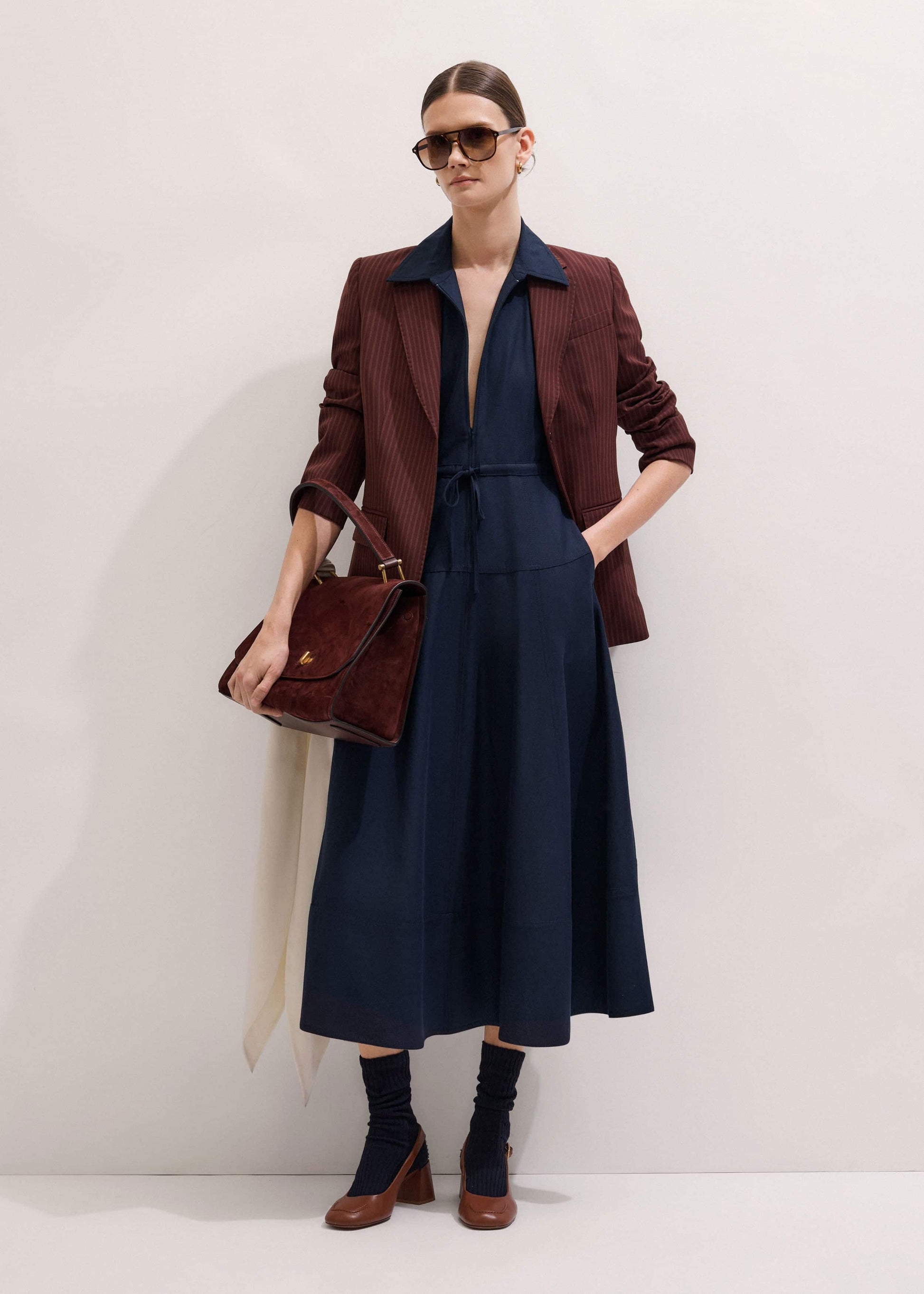 ME and EM Clothing Navy Fit + Flare Shirt Midi Dress