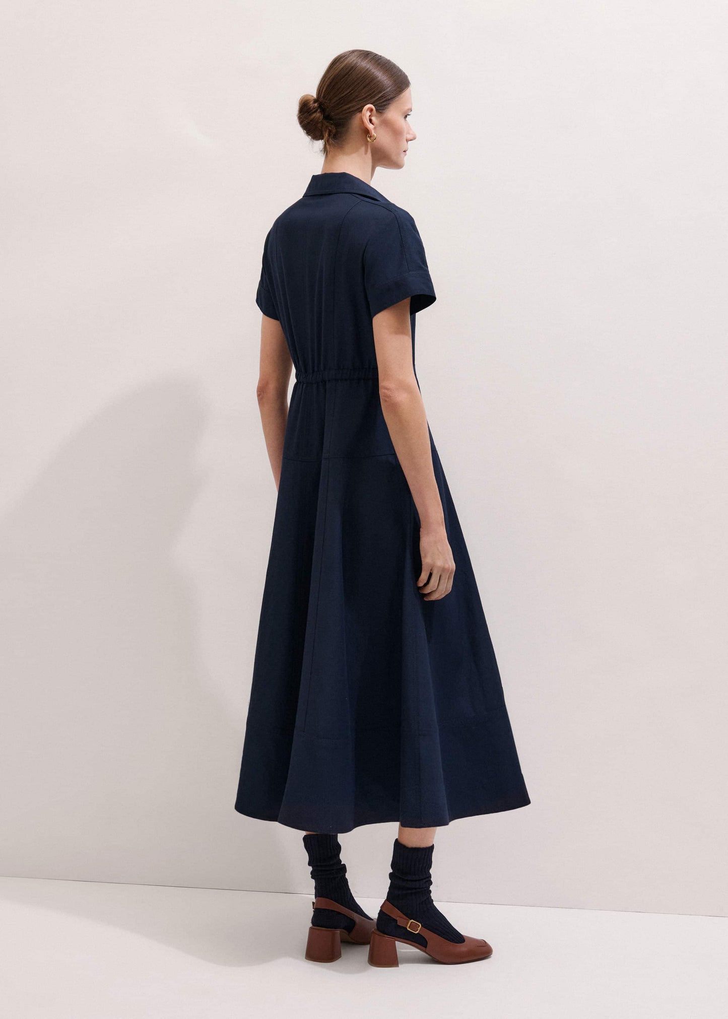 ME and EM Clothing Navy Fit + Flare Shirt Midi Dress