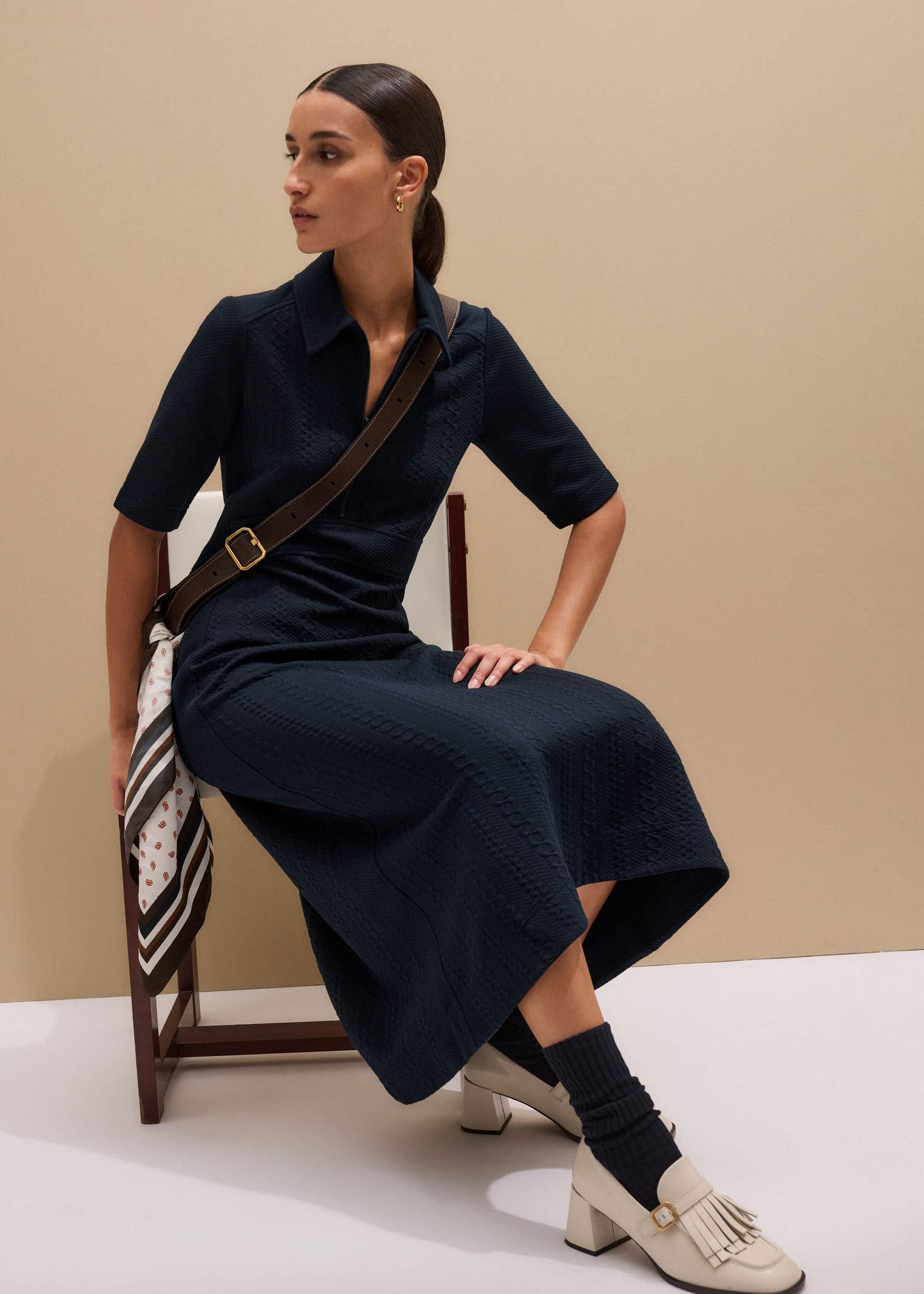 ME and EM Clothing Navy Cable Jacquard Half-Zip Midi Dress