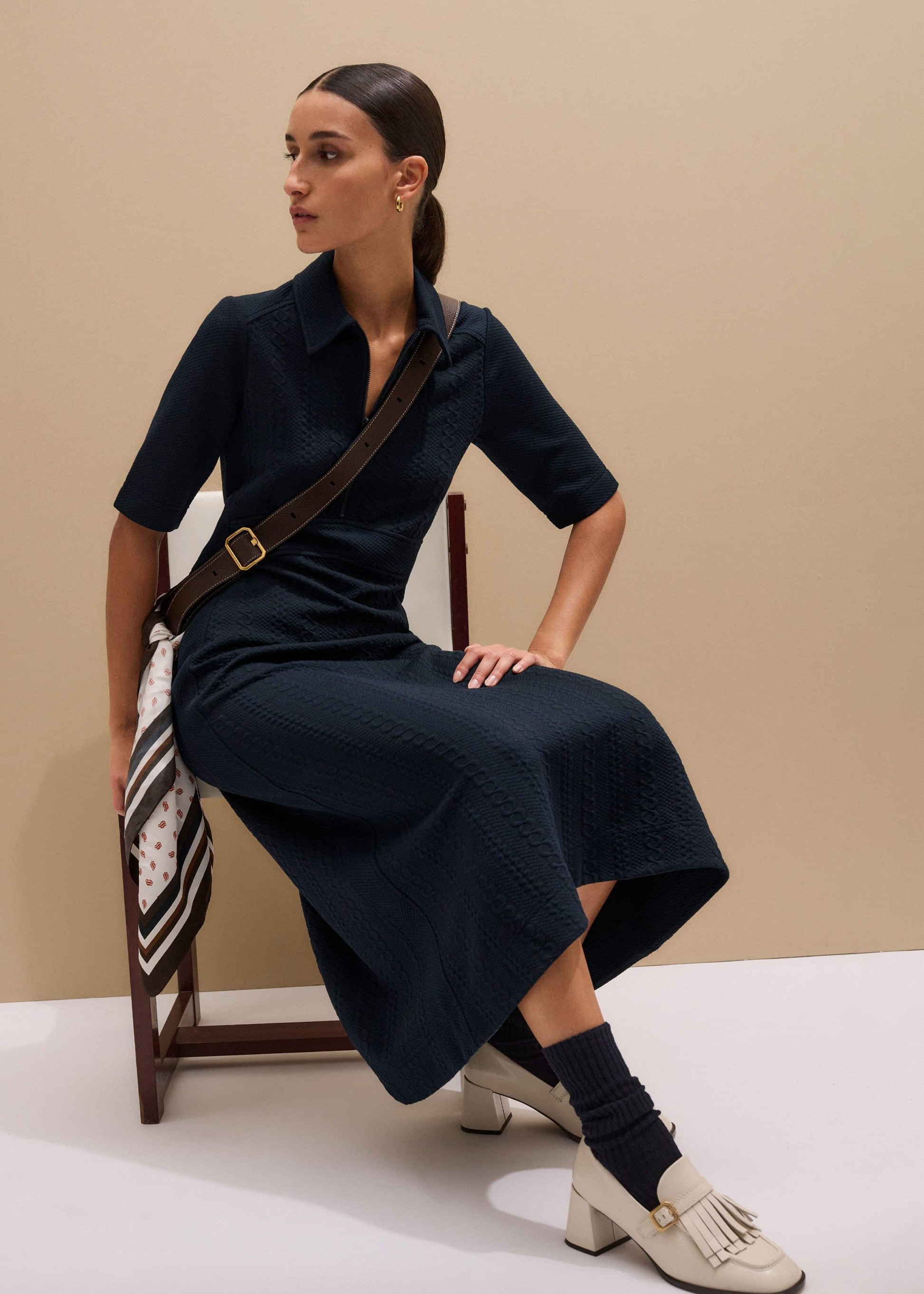 ME and EM Clothing Navy Cable Jacquard Half-Zip Midi Dress