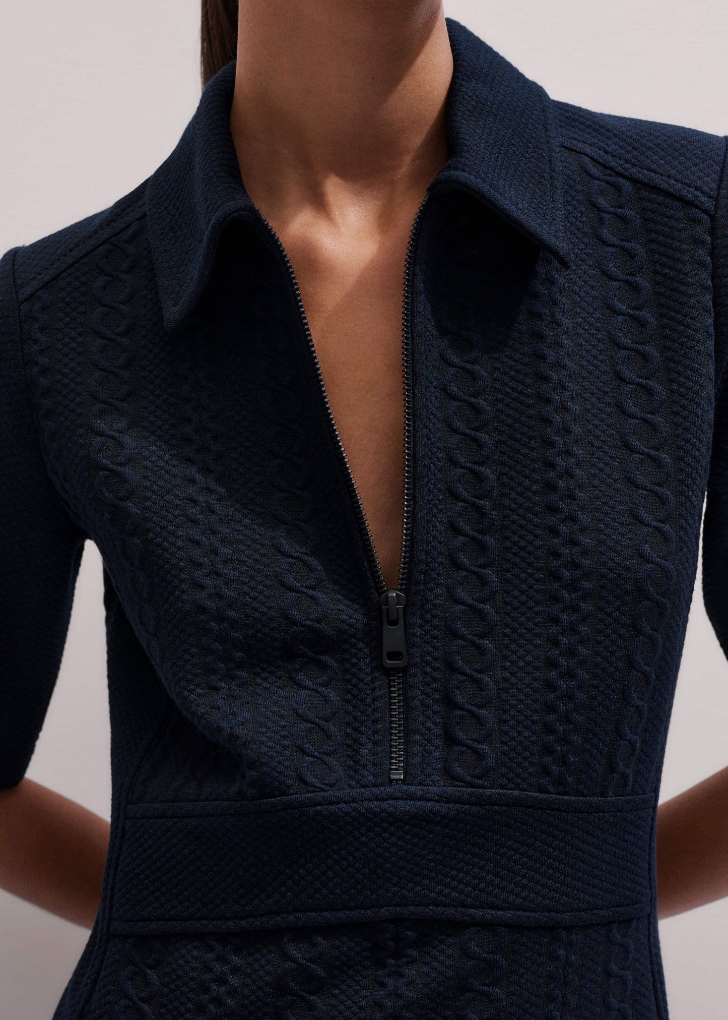 ME and EM Clothing Navy Cable Jacquard Half-Zip Midi Dress