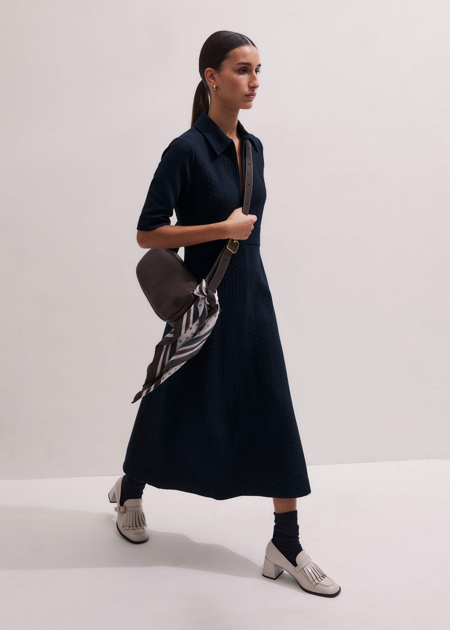 ME and EM Clothing Navy Cable Jacquard Half-Zip Midi Dress