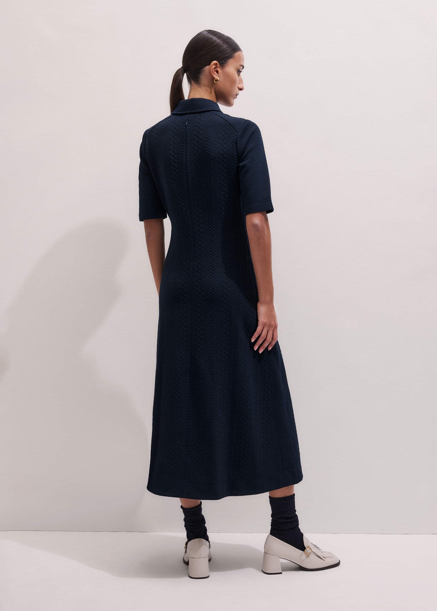 ME and EM Clothing Navy Cable Jacquard Half-Zip Midi Dress