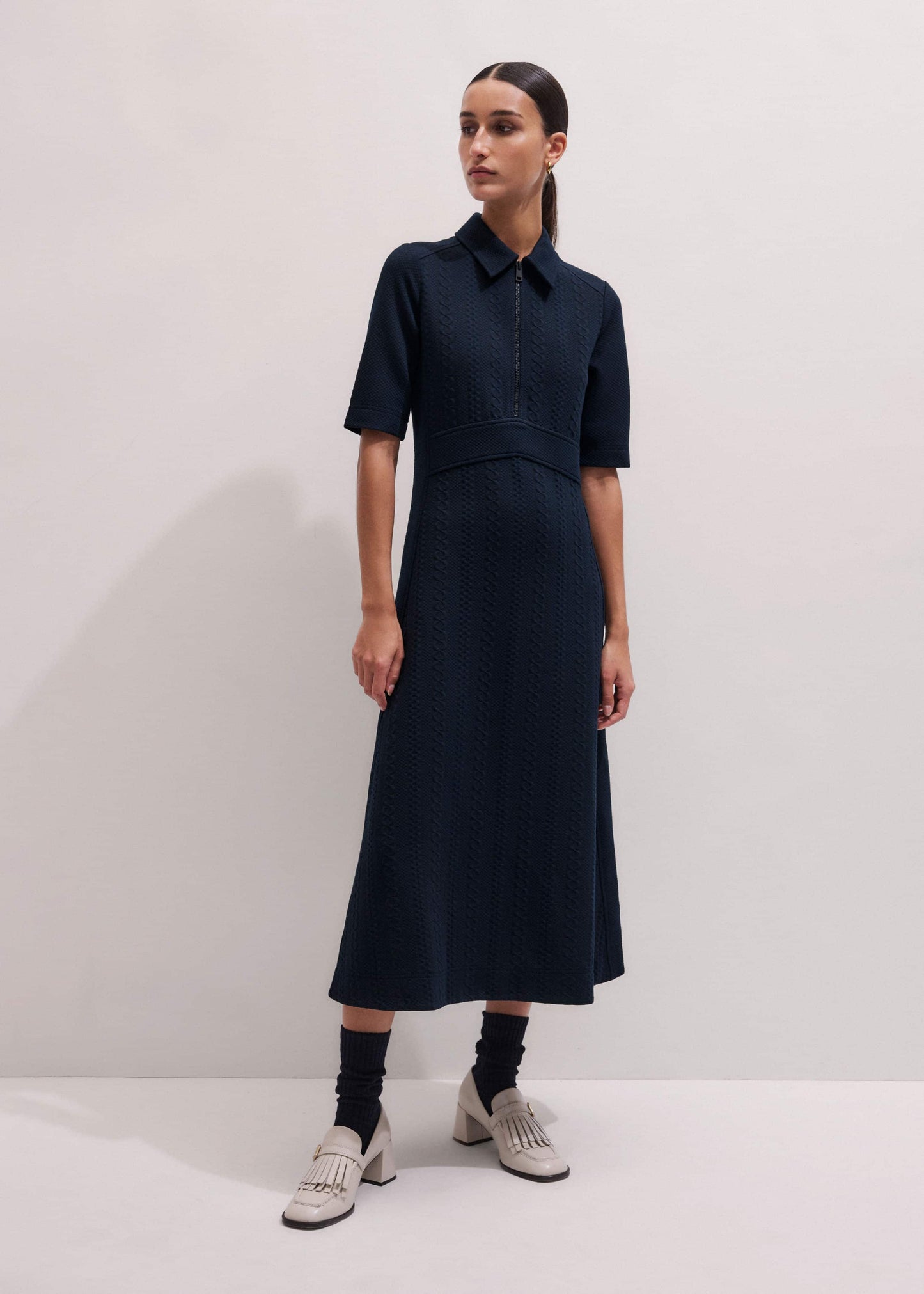 ME and EM Clothing Navy Cable Jacquard Half-Zip Midi Dress