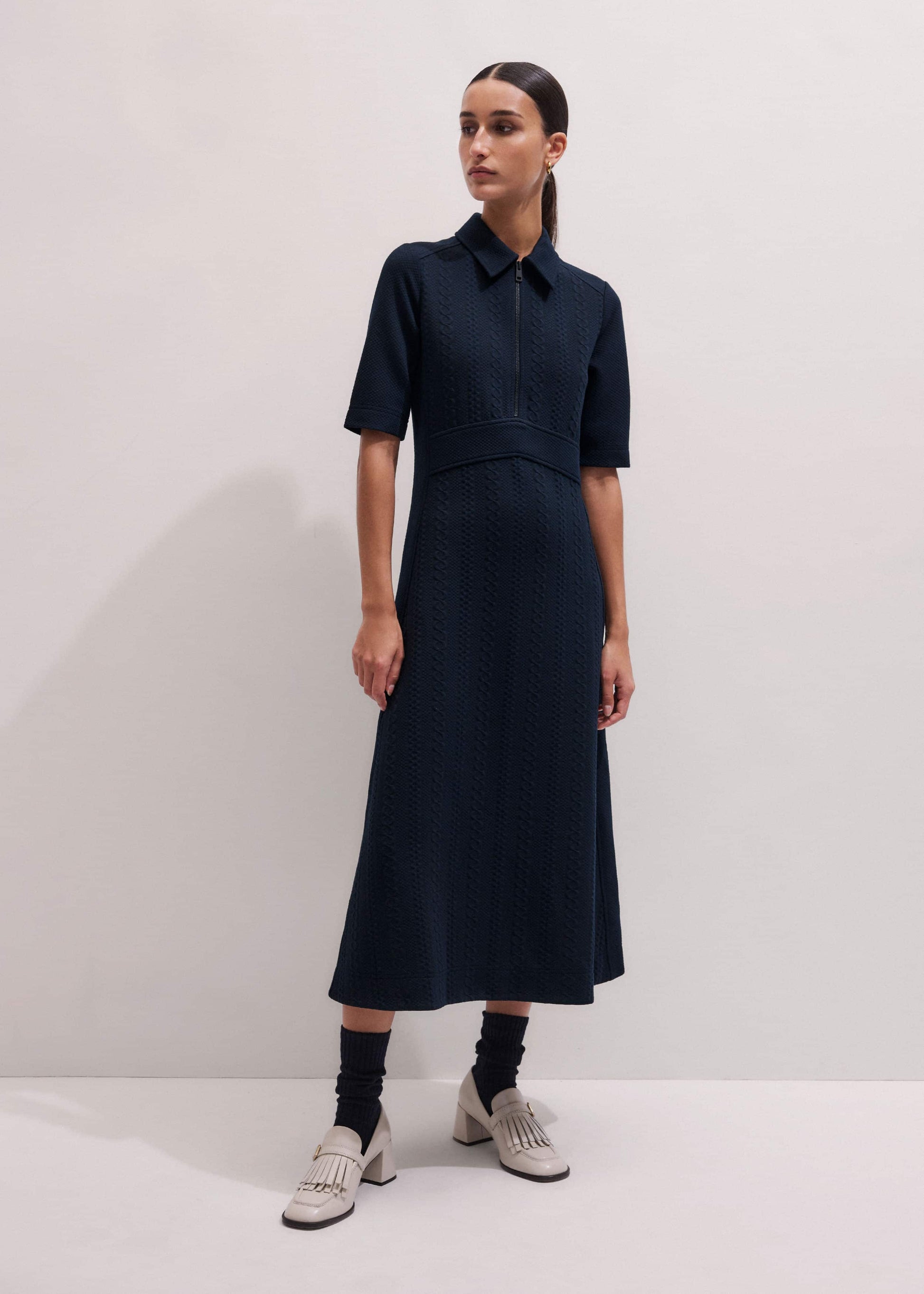ME and EM Clothing Navy Cable Jacquard Half-Zip Midi Dress