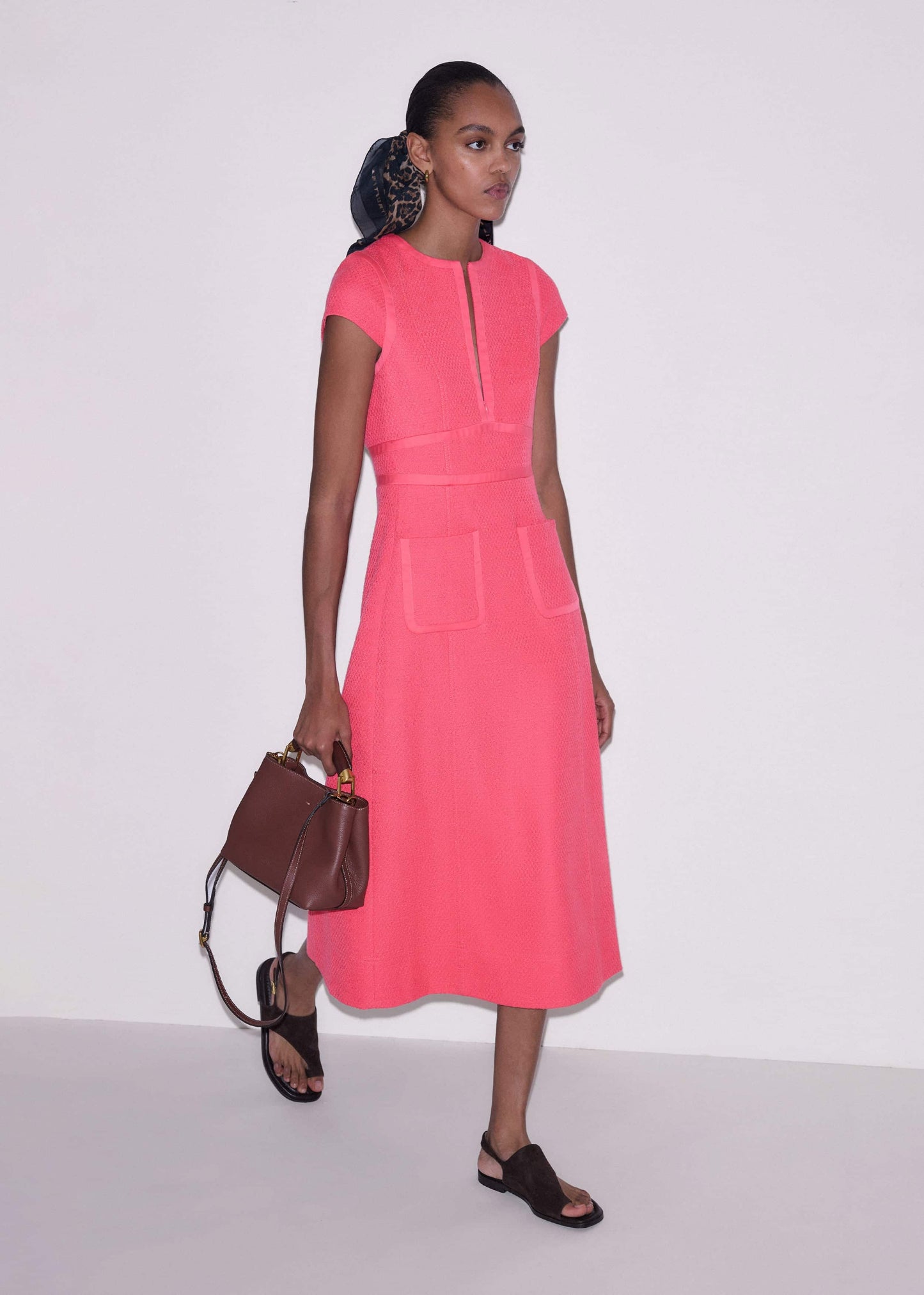 ME and EM Clothing Pink Contrast Binding Fit And Flare Midi Dress