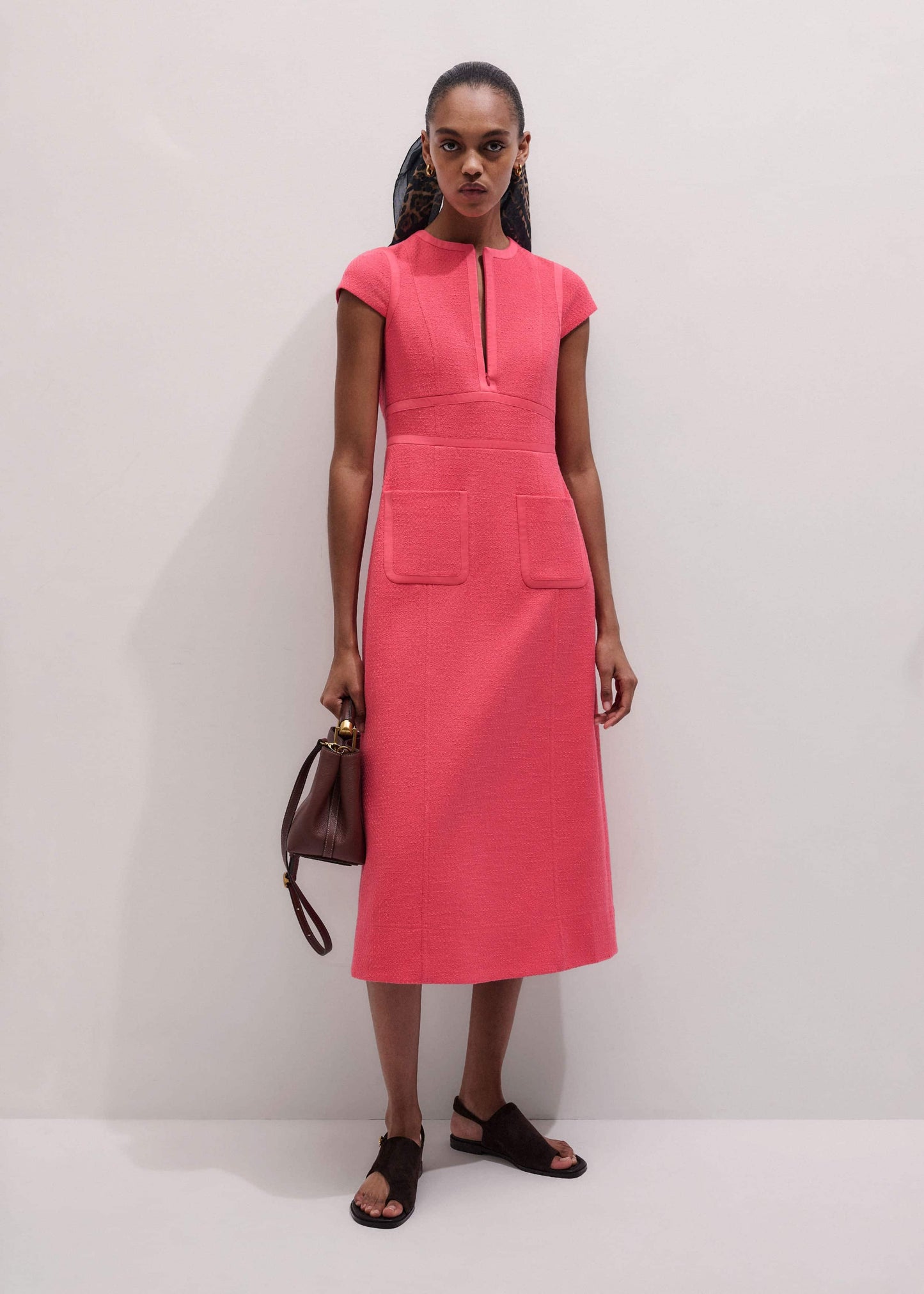 ME and EM Clothing Pink Contrast Binding Fit And Flare Midi Dress