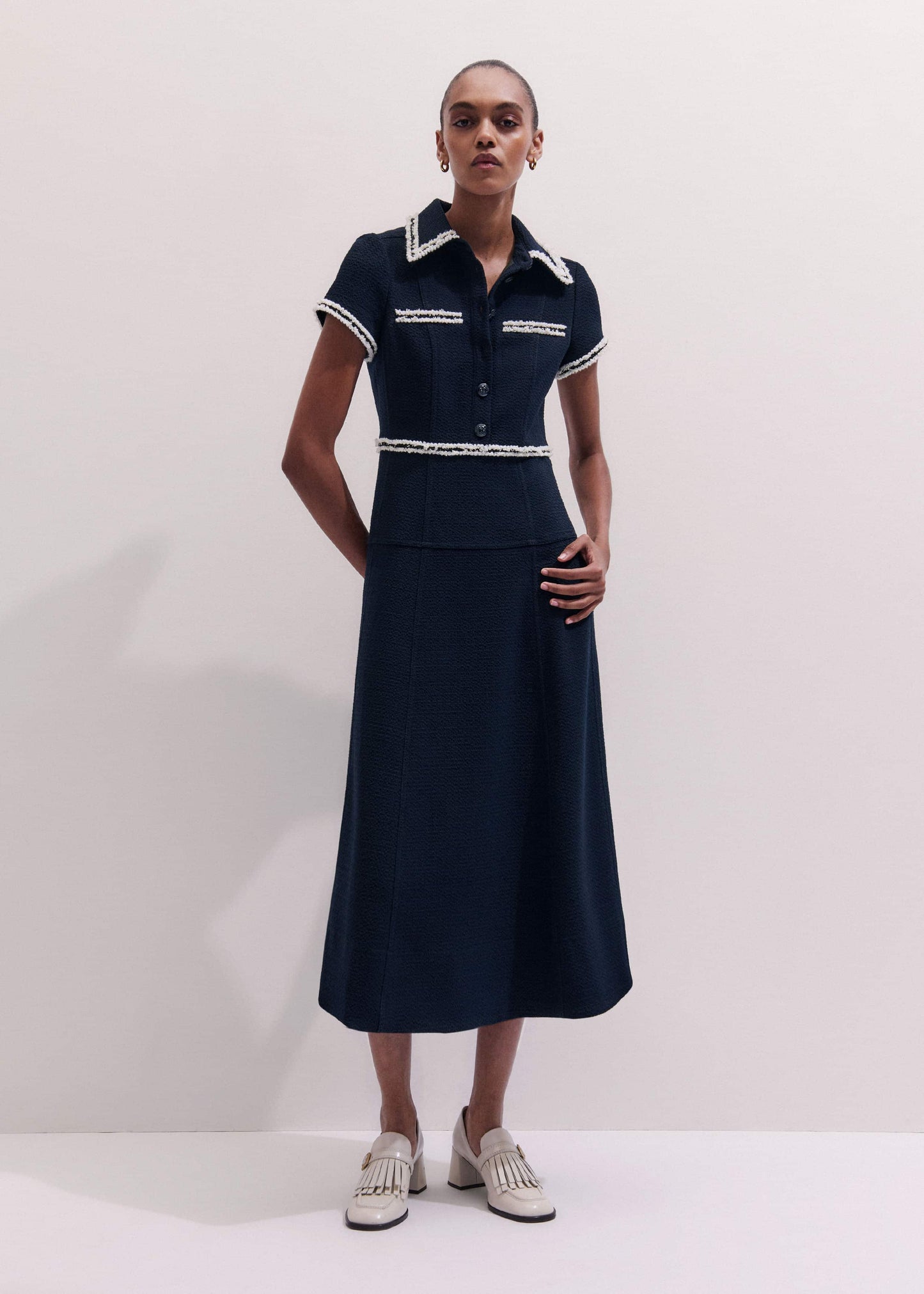 ME and EM Clothing Navy Fit + Flare Fray Trim Midi Dress