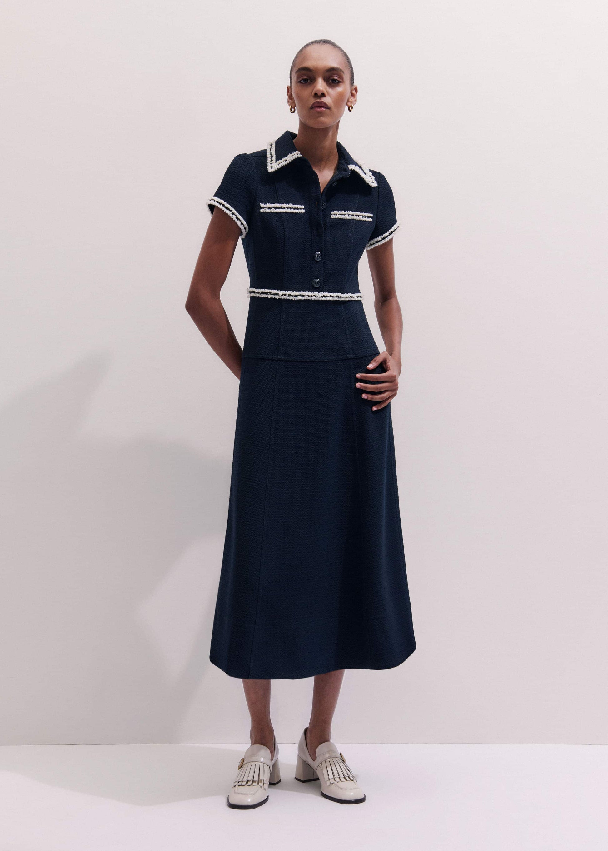 ME and EM Clothing Navy Fit + Flare Fray Trim Midi Dress