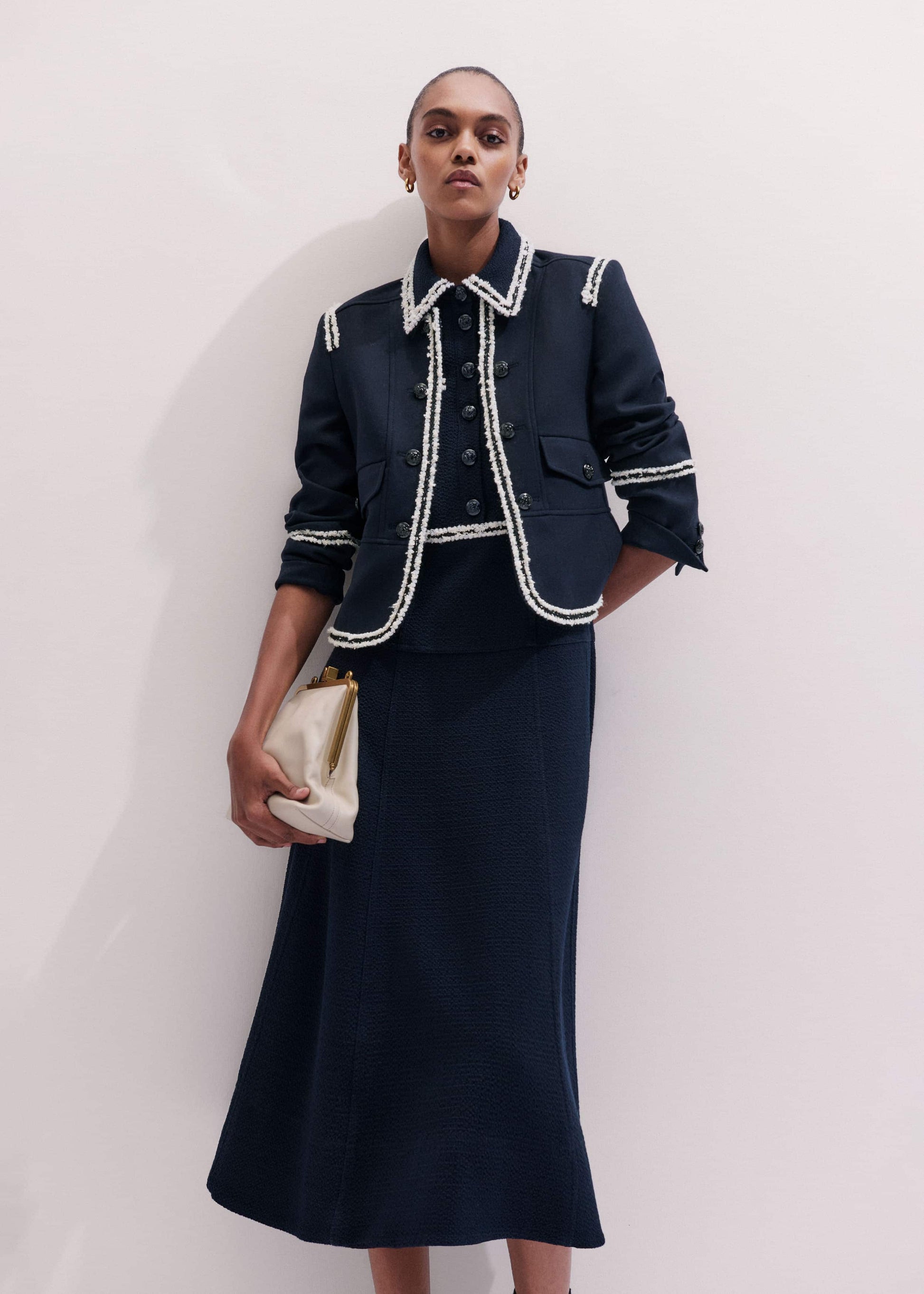 ME and EM Clothing Navy Fit + Flare Fray Trim Midi Dress