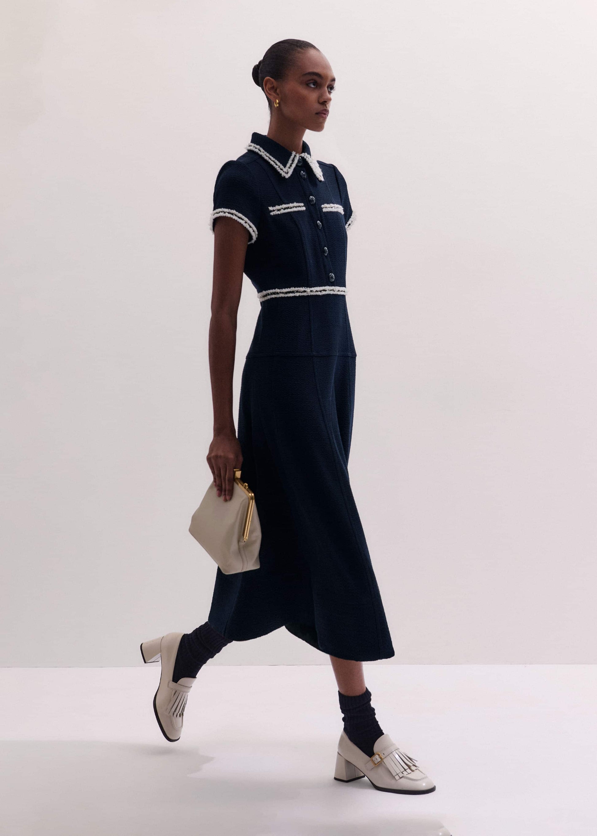 ME and EM Clothing Navy Fit + Flare Fray Trim Midi Dress