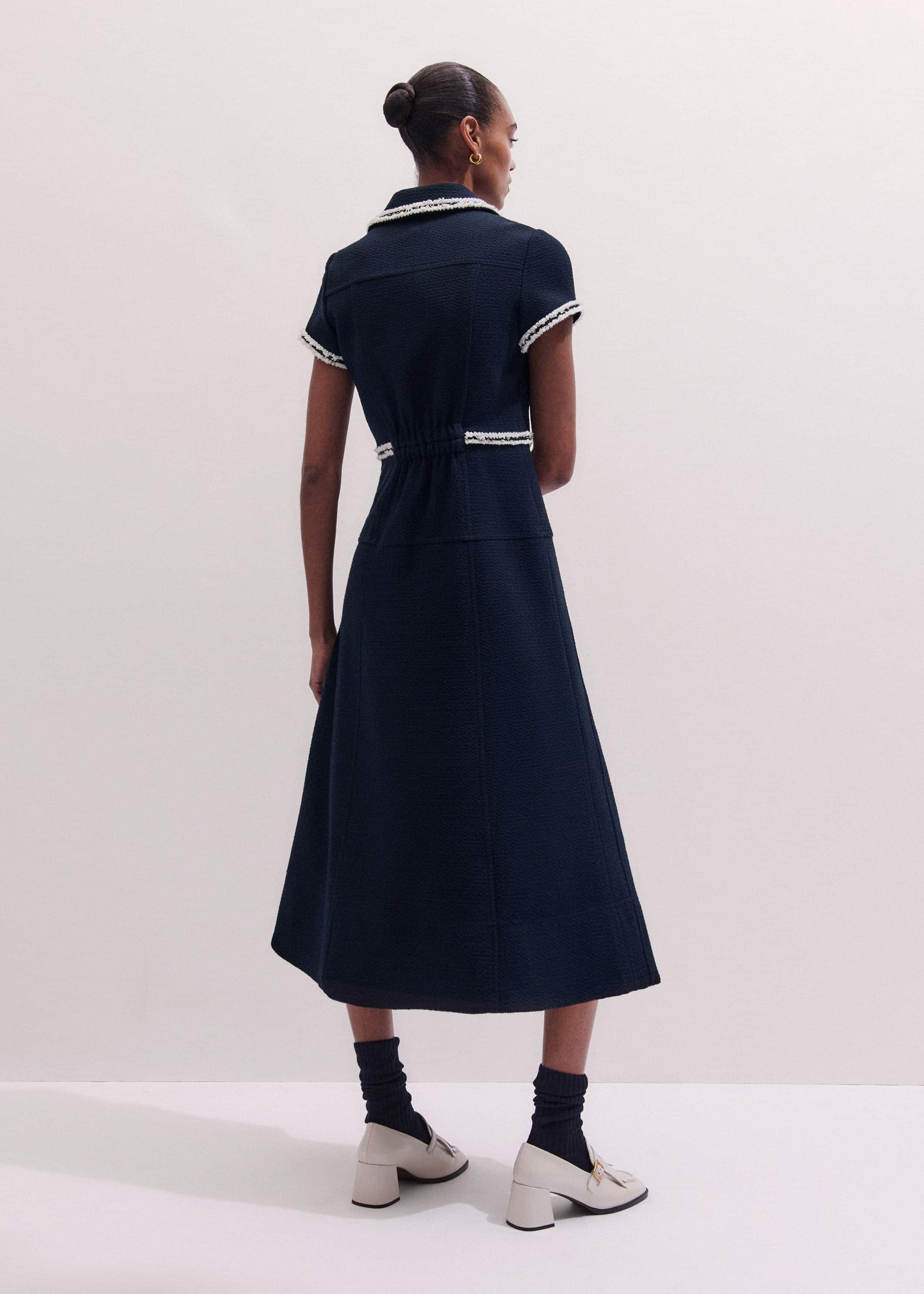ME and EM Clothing Navy Fit + Flare Fray Trim Midi Dress