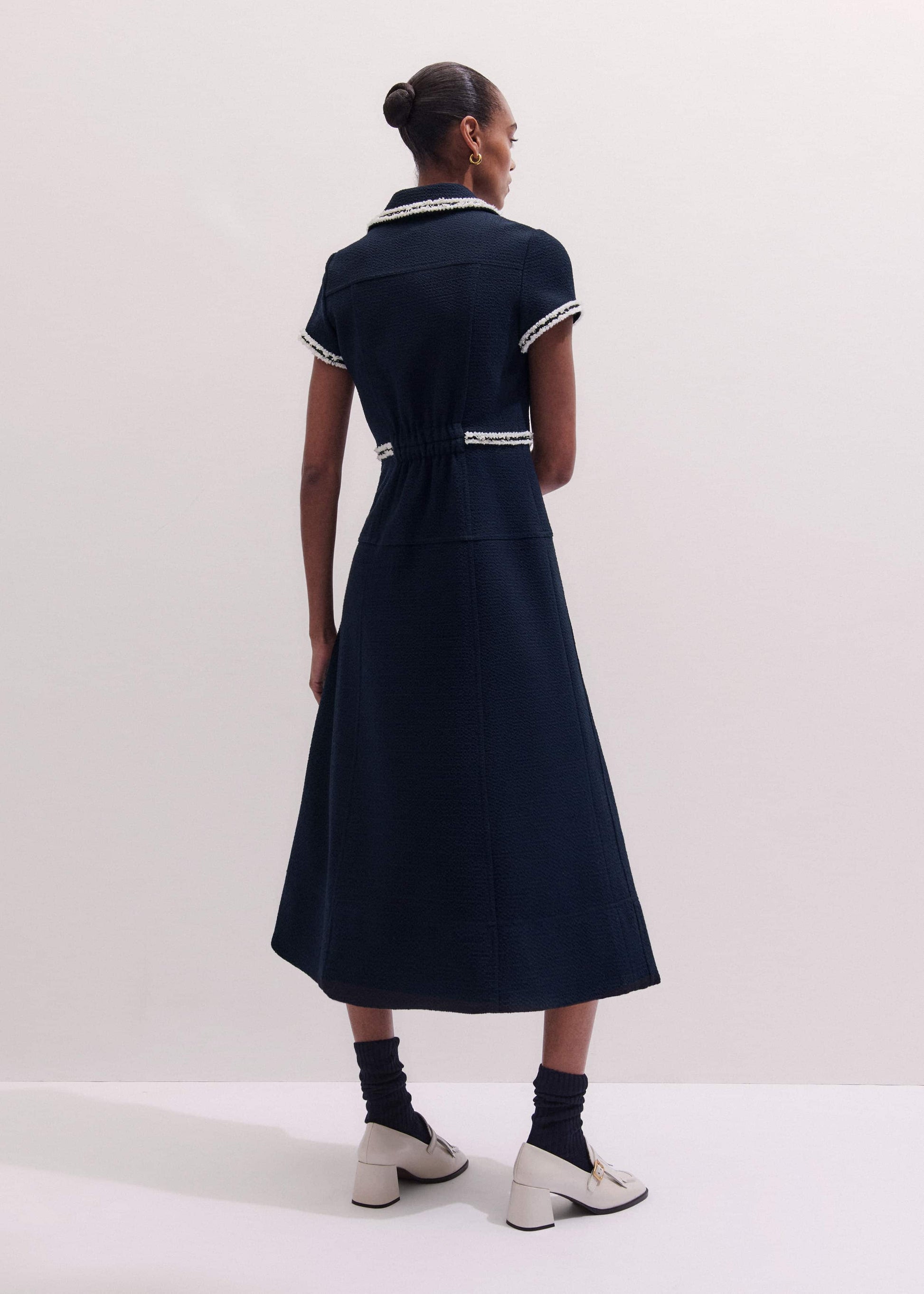 ME and EM Clothing Navy Fit + Flare Fray Trim Midi Dress