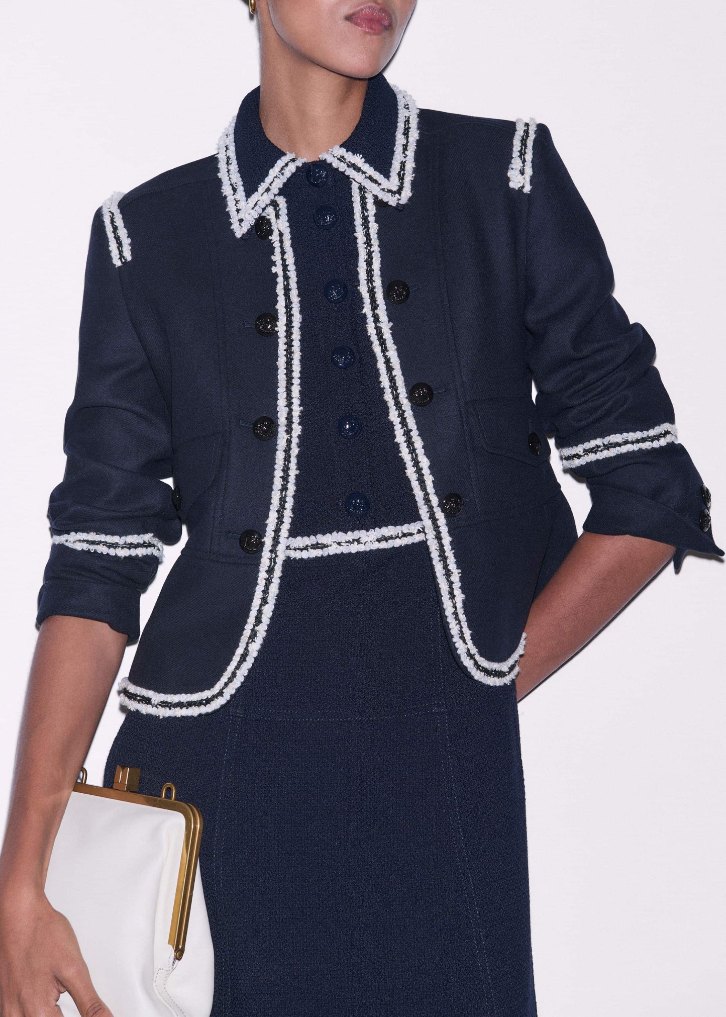 ME and EM Clothing Navy Fit + Flare Fray Trim Midi Dress