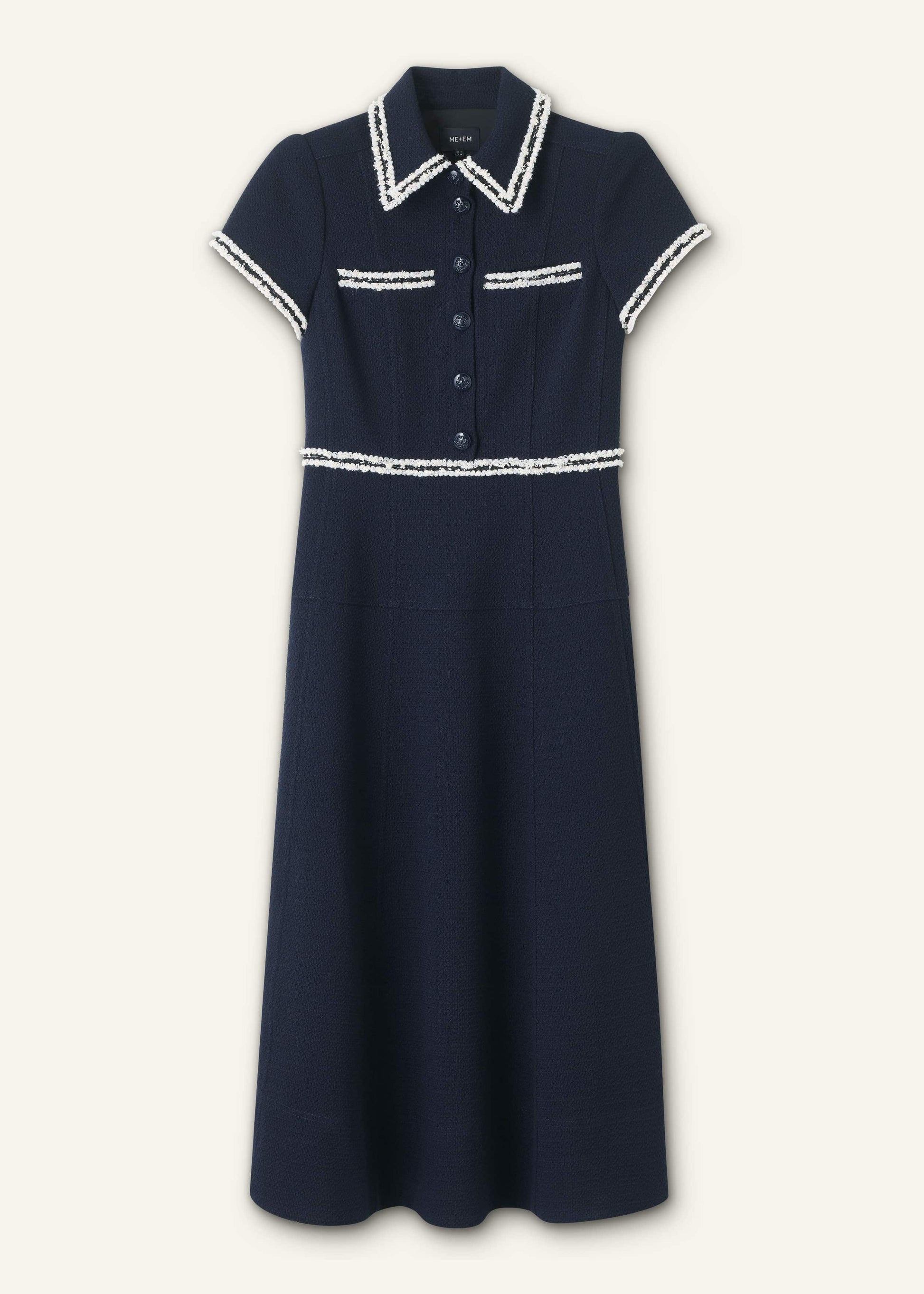 ME and EM Clothing Navy Fit + Flare Fray Trim Midi Dress