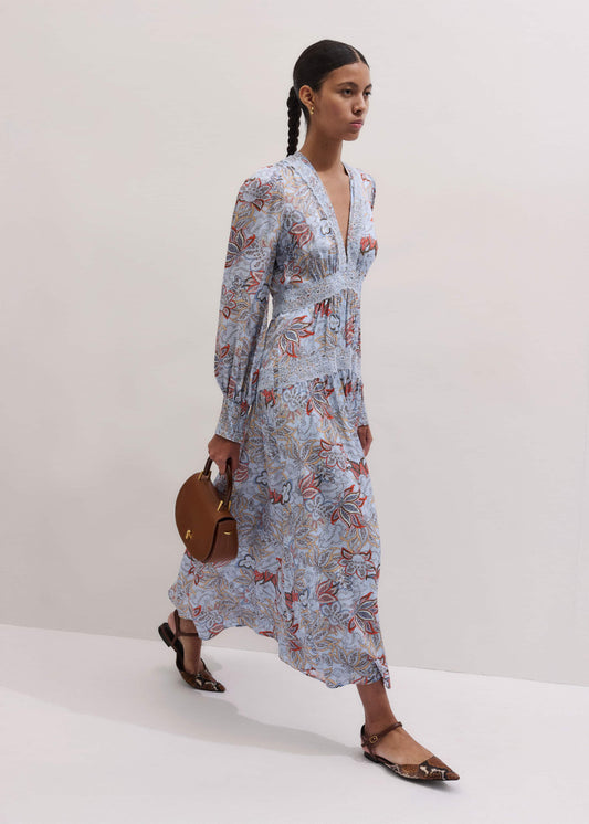 ME and EM Clothing Blue Silk Delicate Paisley Print Fit + Flare Maxi Dress