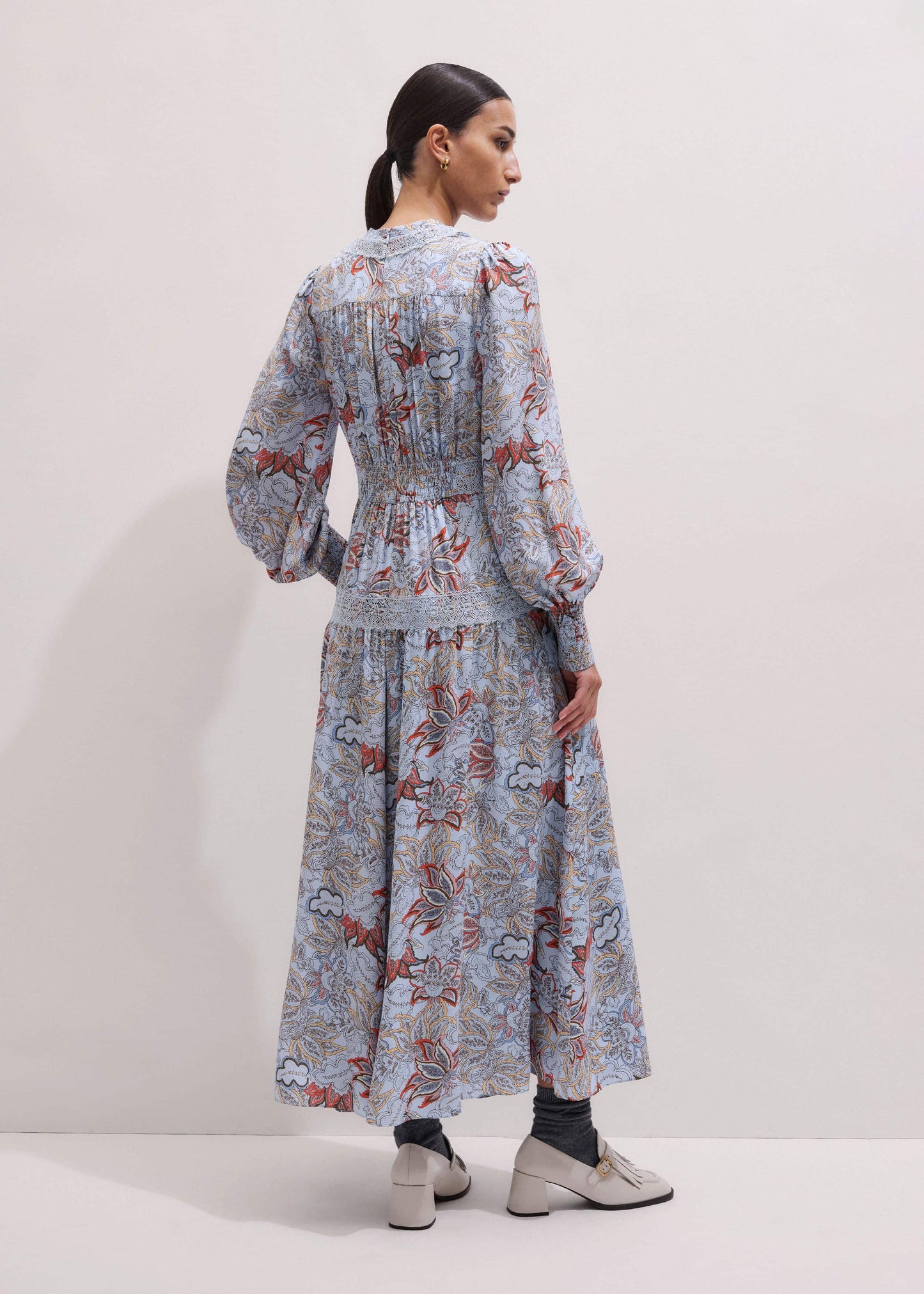 ME and EM Clothing Blue Silk Delicate Paisley Print Fit + Flare Maxi Dress