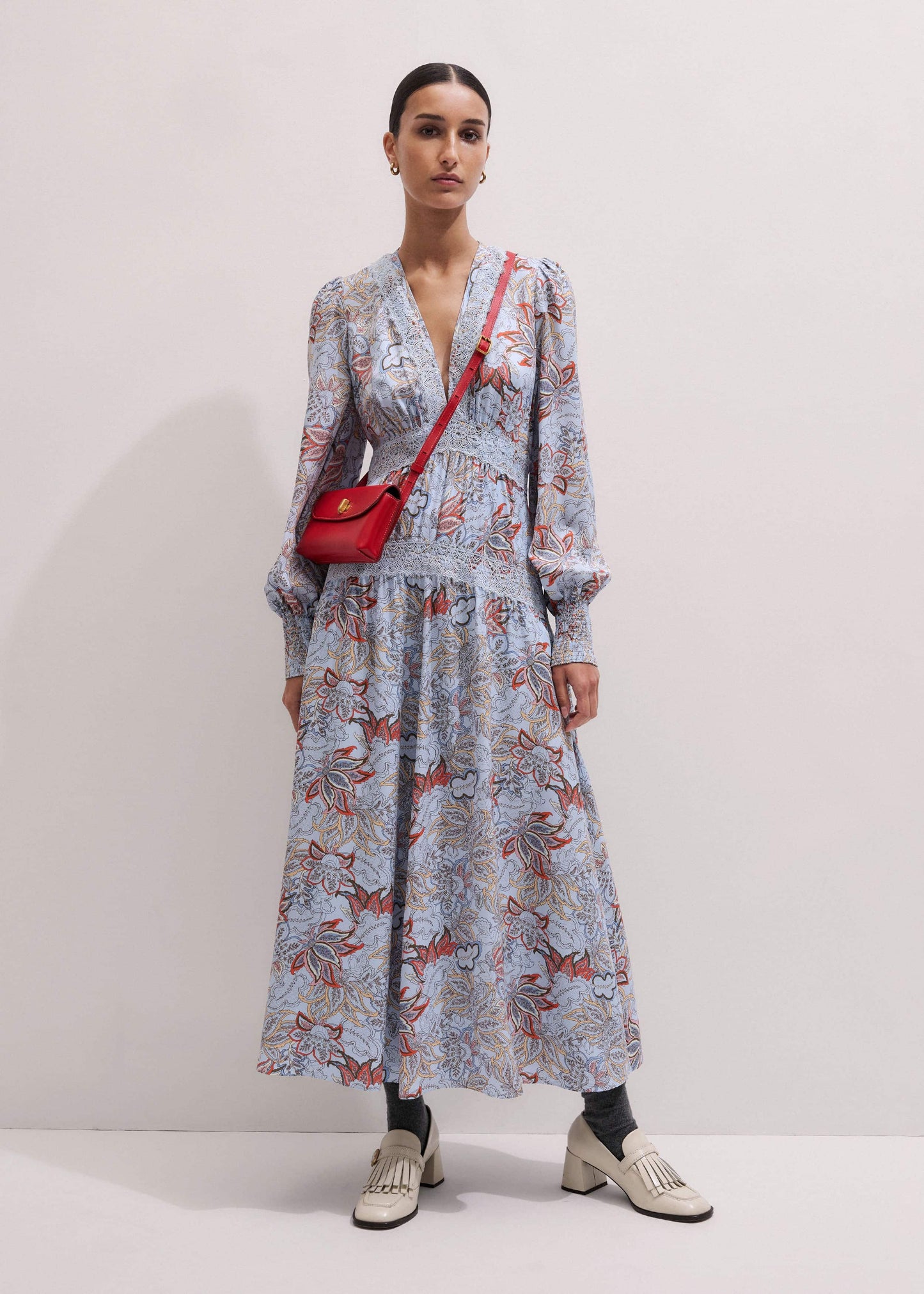 ME and EM Clothing Blue Silk Delicate Paisley Print Fit + Flare Maxi Dress