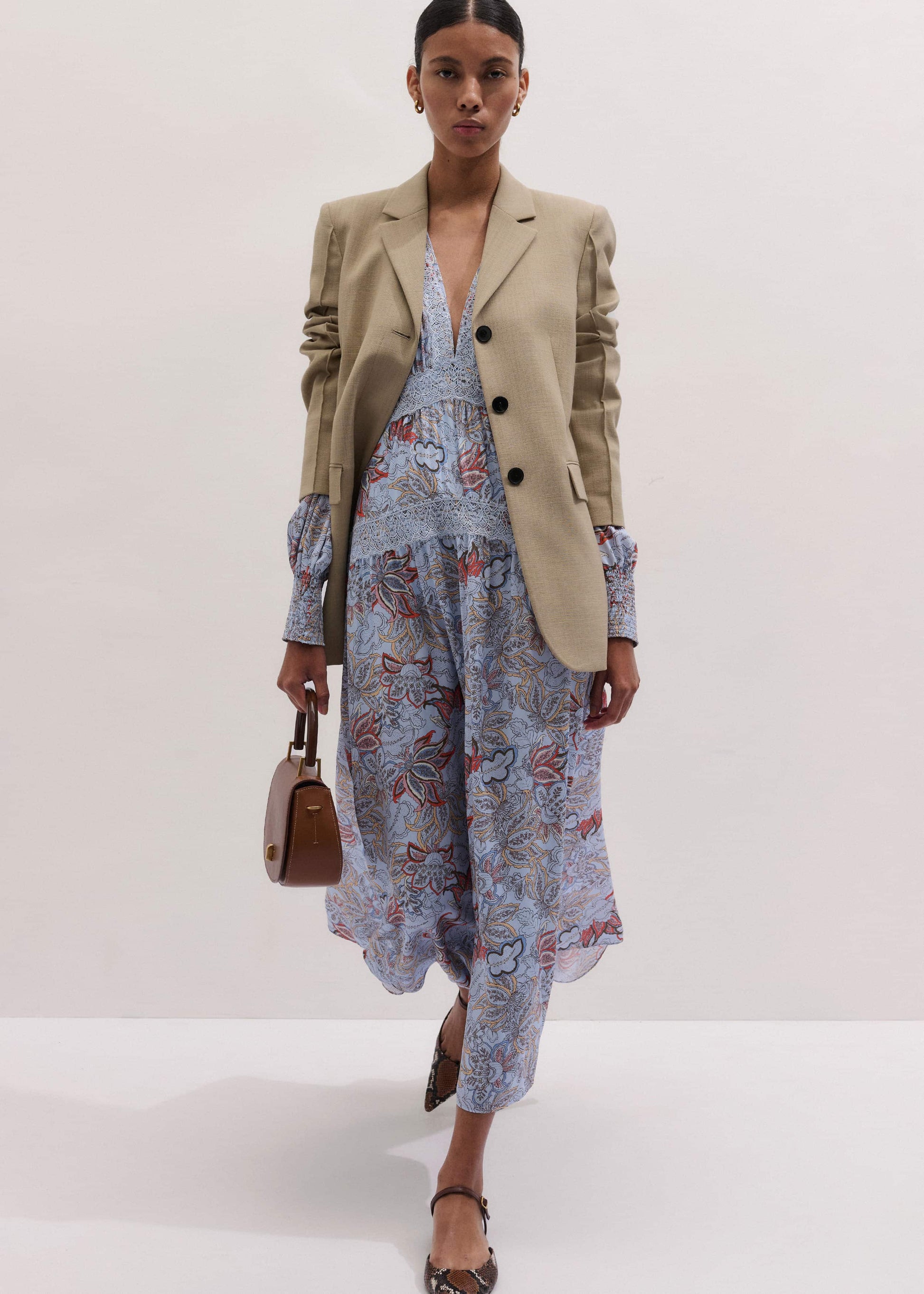 ME and EM Clothing Blue Silk Delicate Paisley Print Fit + Flare Maxi Dress