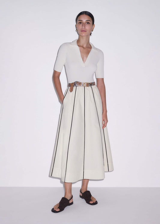 ME and EM Clothing Cream Mixed Media Fit And Flare Midi Dress + Belt