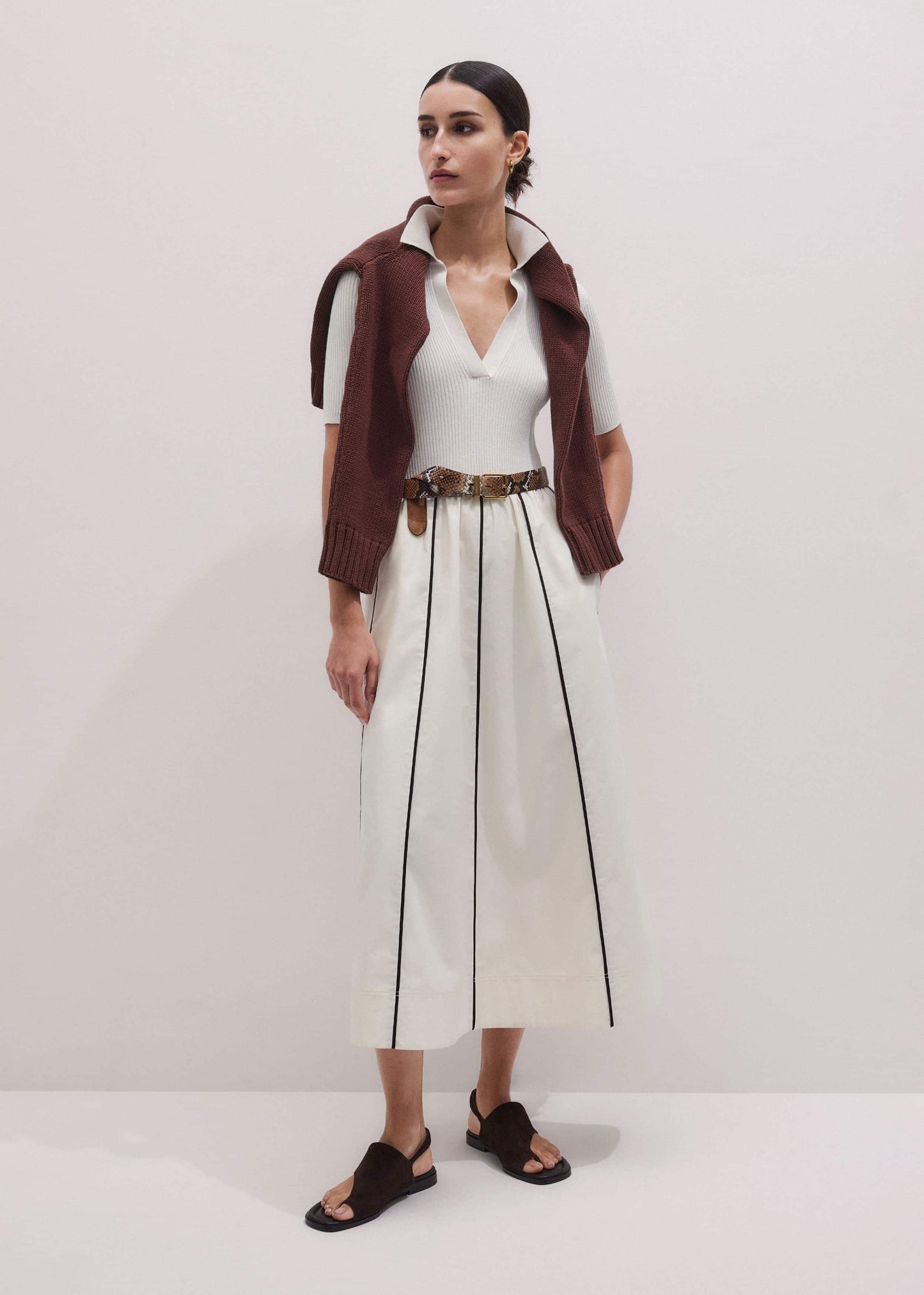 ME and EM Clothing Cream Mixed Media Fit And Flare Midi Dress + Belt