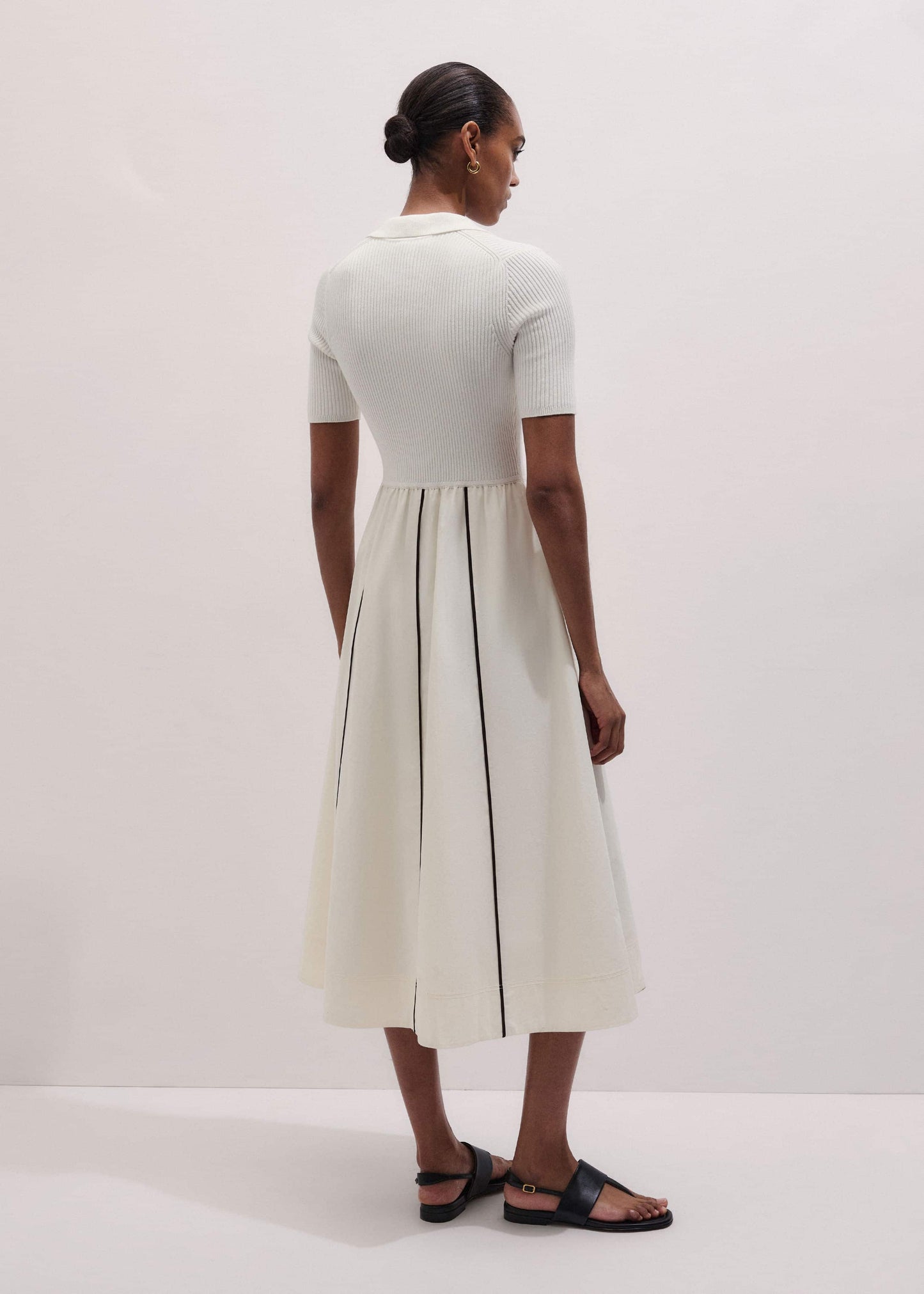 ME and EM Clothing Cream Mixed Media Fit And Flare Midi Dress + Belt