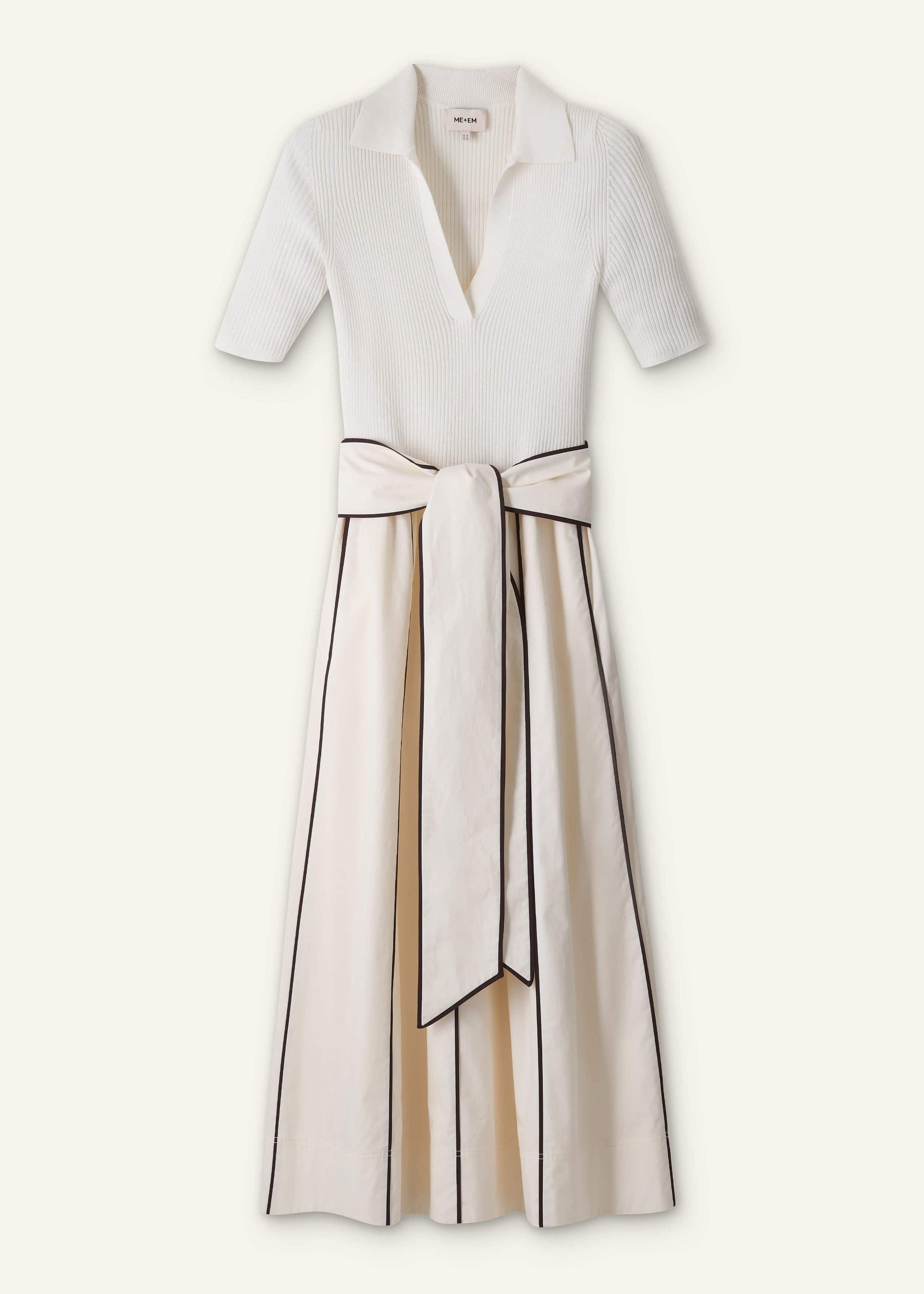 ME and EM Clothing Cream Mixed Media Fit And Flare Midi Dress + Belt