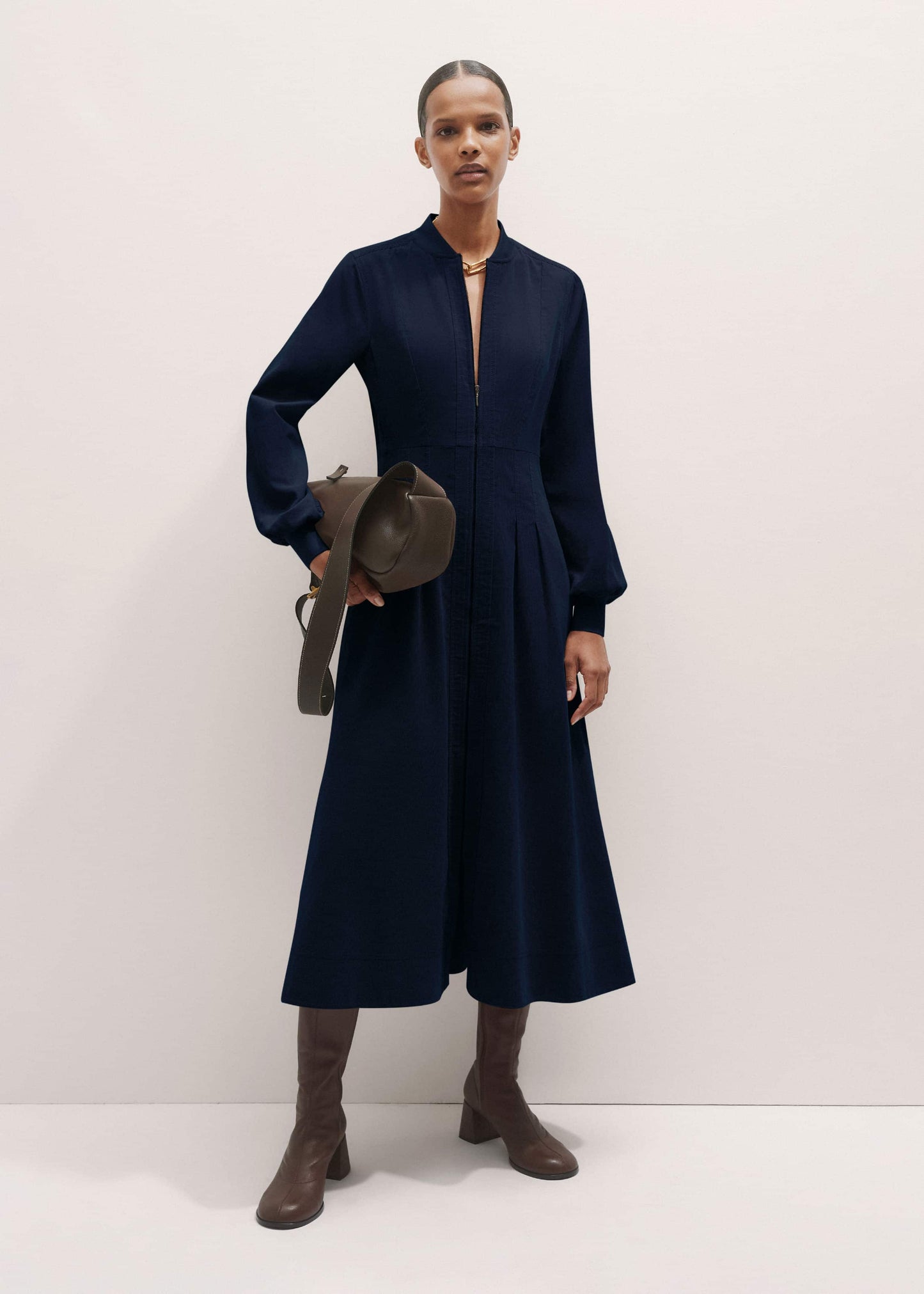 ME and EM Clothing Navy Cotton Cord Pleated Midi Dress