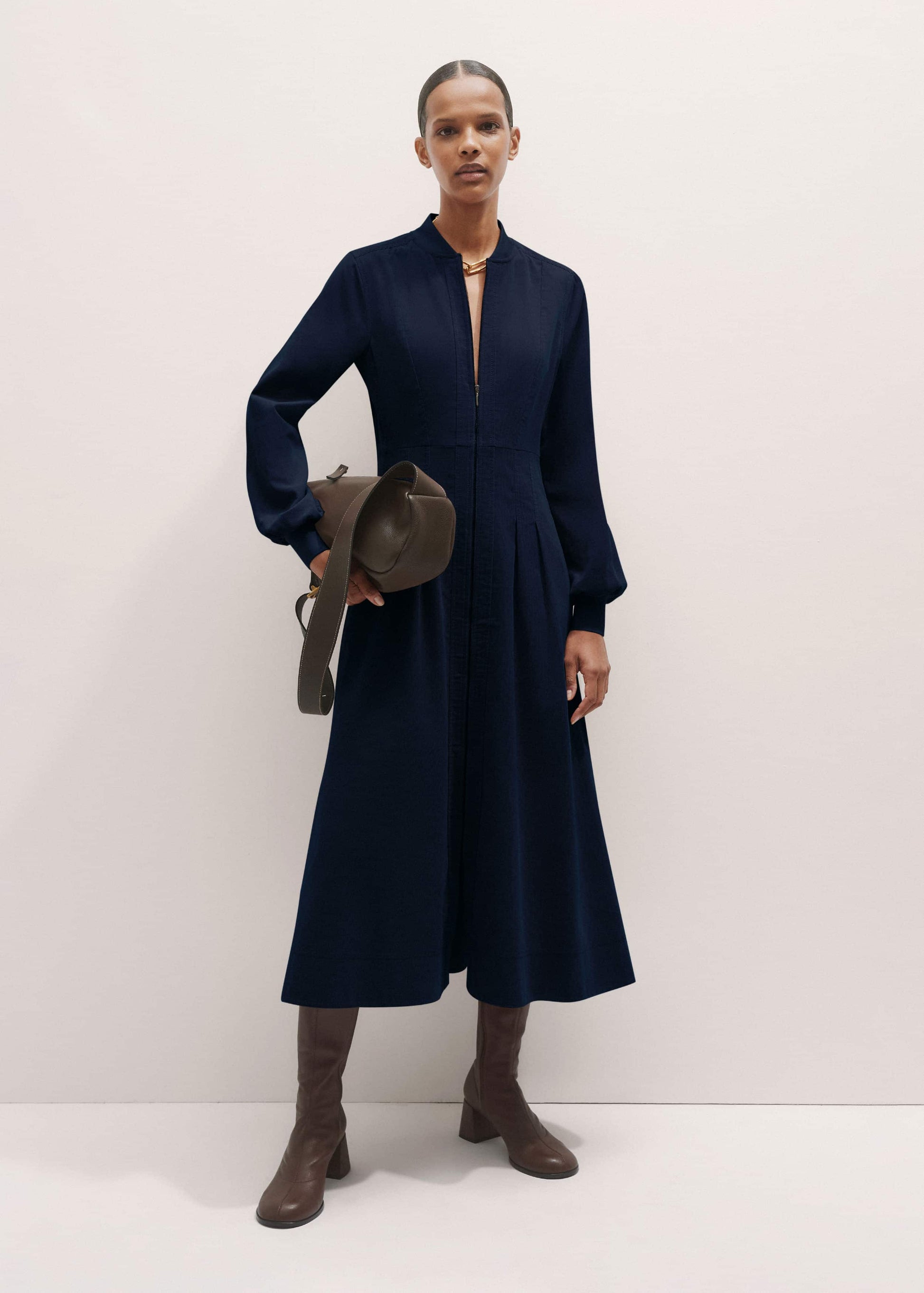 ME and EM Clothing Navy Cotton Cord Pleated Midi Dress