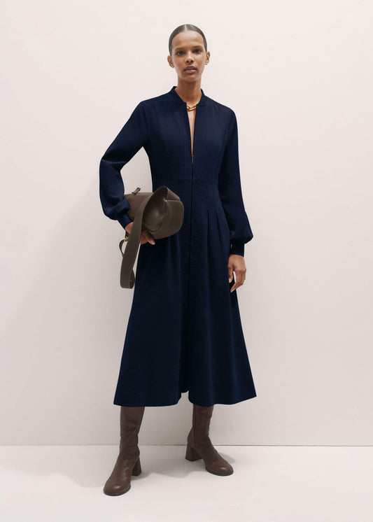 ME and EM Clothing Navy Cotton Cord Pleated Midi Dress
