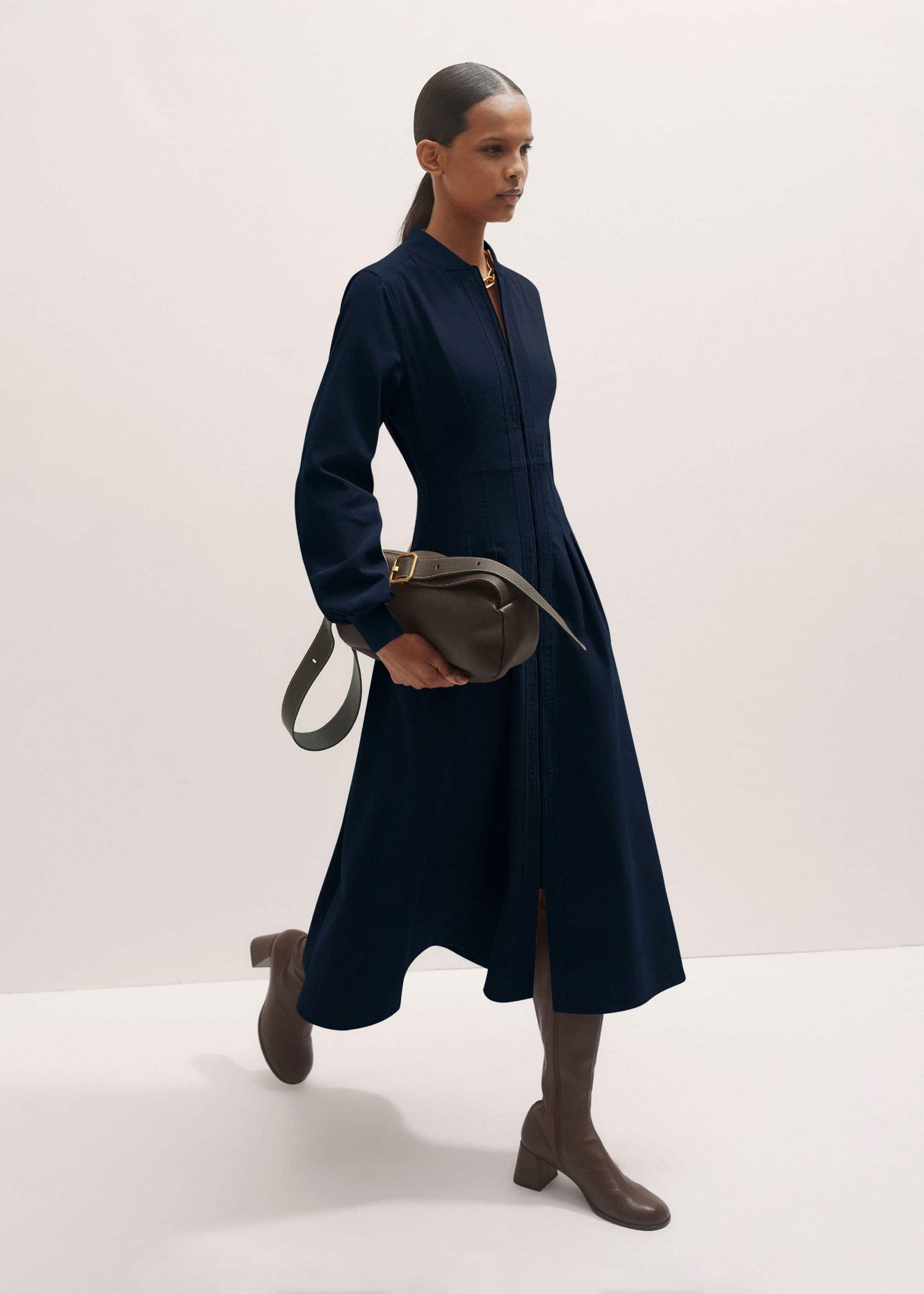 ME and EM Clothing Navy Cotton Cord Pleated Midi Dress