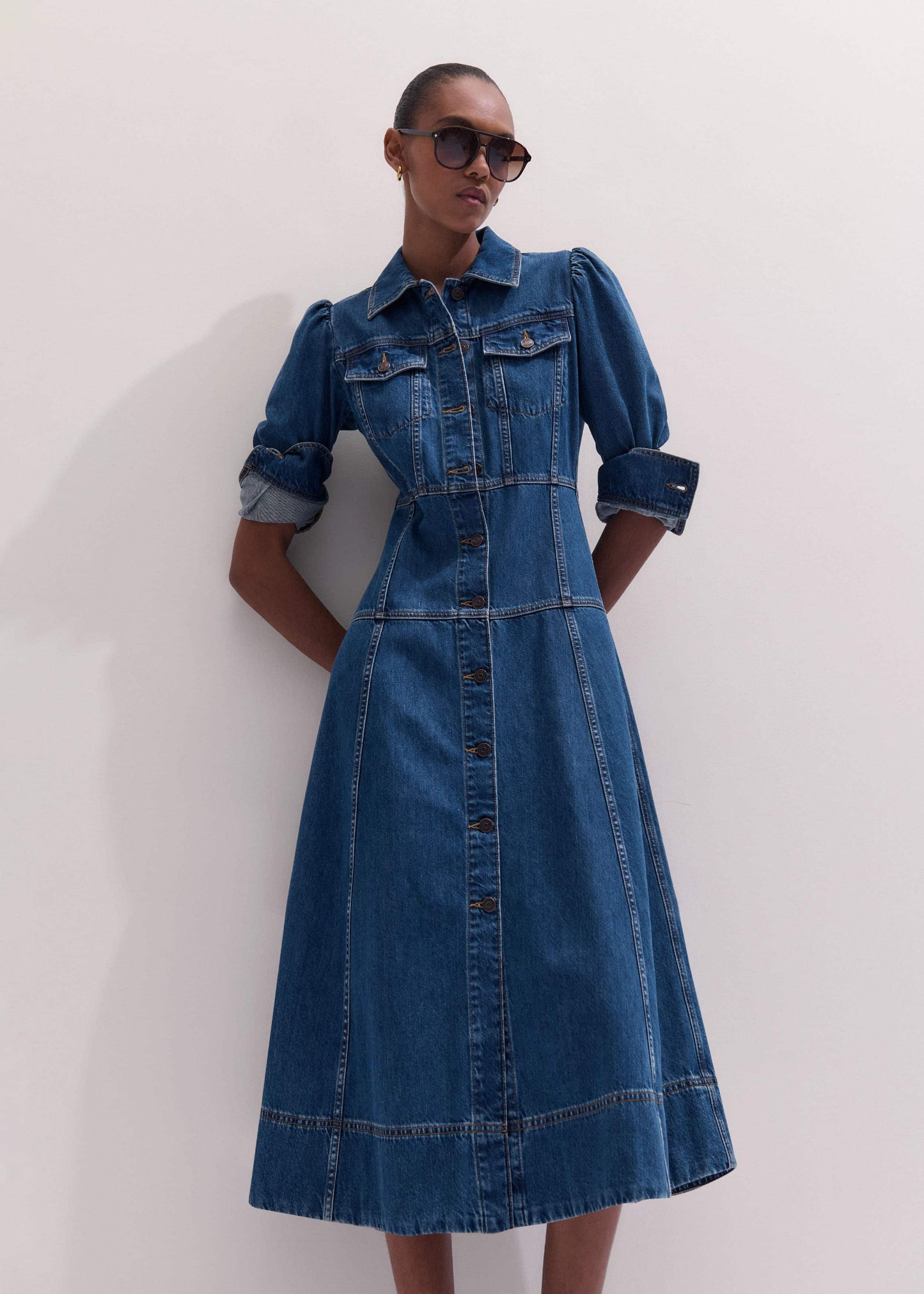 ME and EM Clothing Blue Panelled Fit + Flare Midi Dress